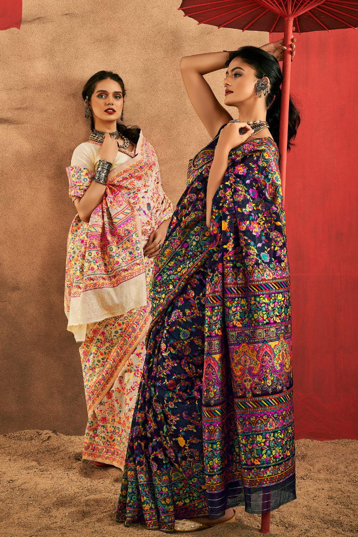 Buy MySilkLove Ivory Cream Kashmiri Handloom Jamewar Saree Online