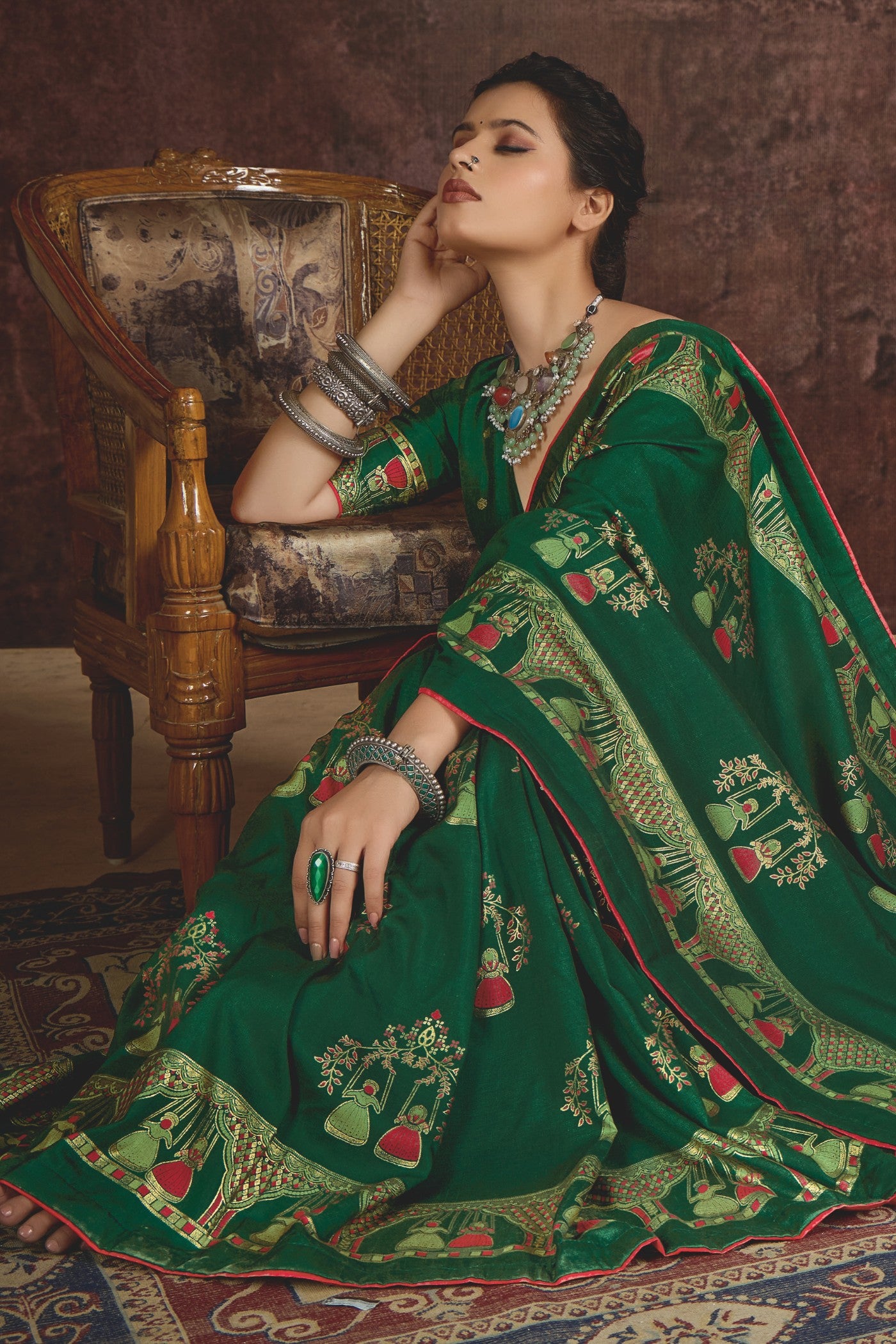 Buy MySilkLove Dark Leaf Green Tussar Rajwadi Printed Silk Saree Online