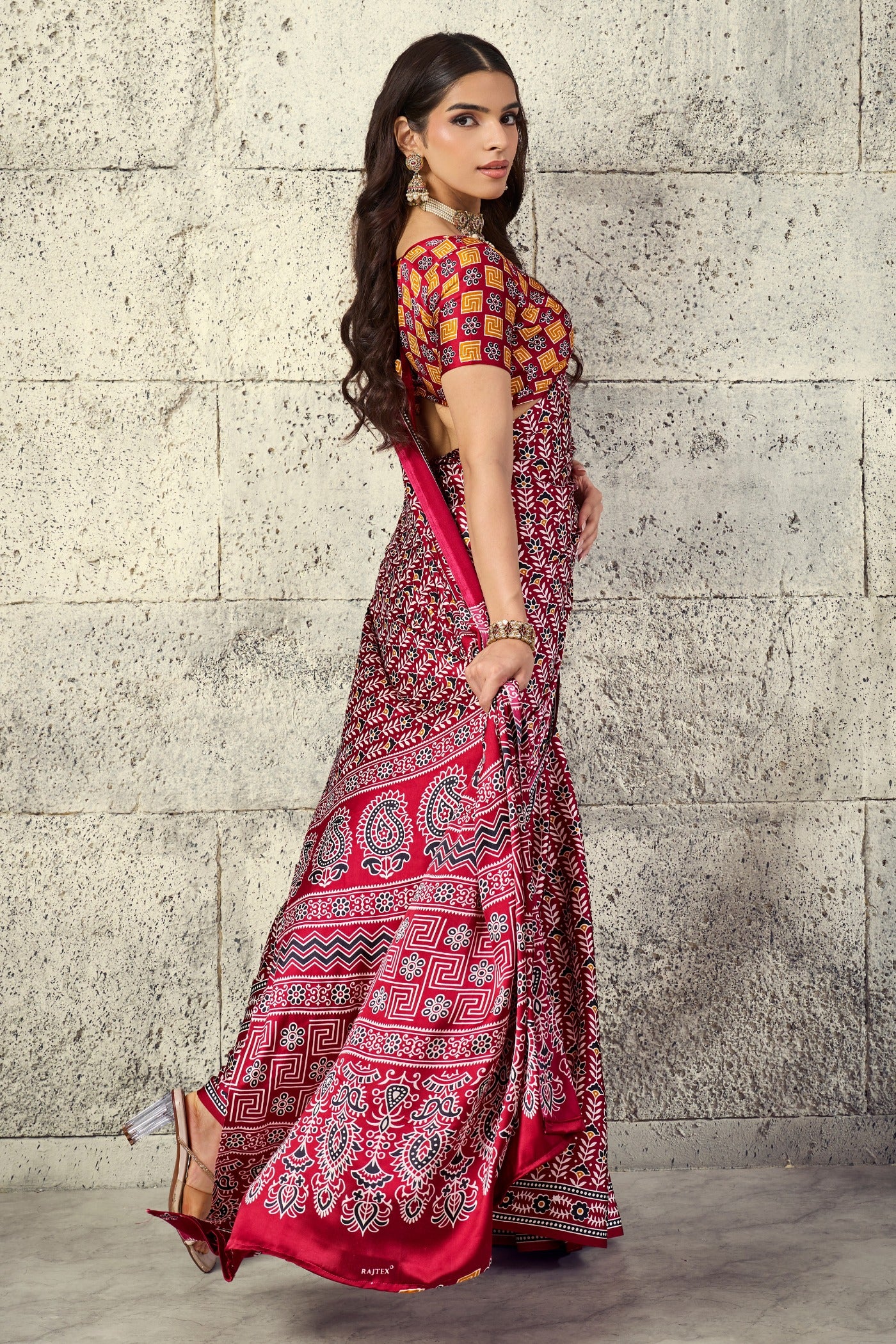 Buy MySilkLove Deep Maroon Modal Ajrakh Satin Printed Silk Saree Online