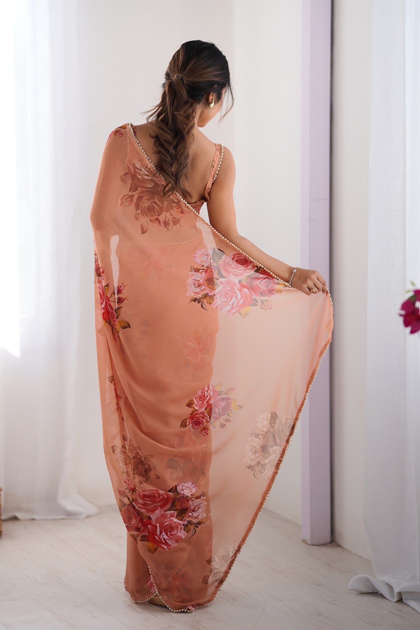 Buy MySilkLove Gerbera Peach Printed Georgette Saree Online