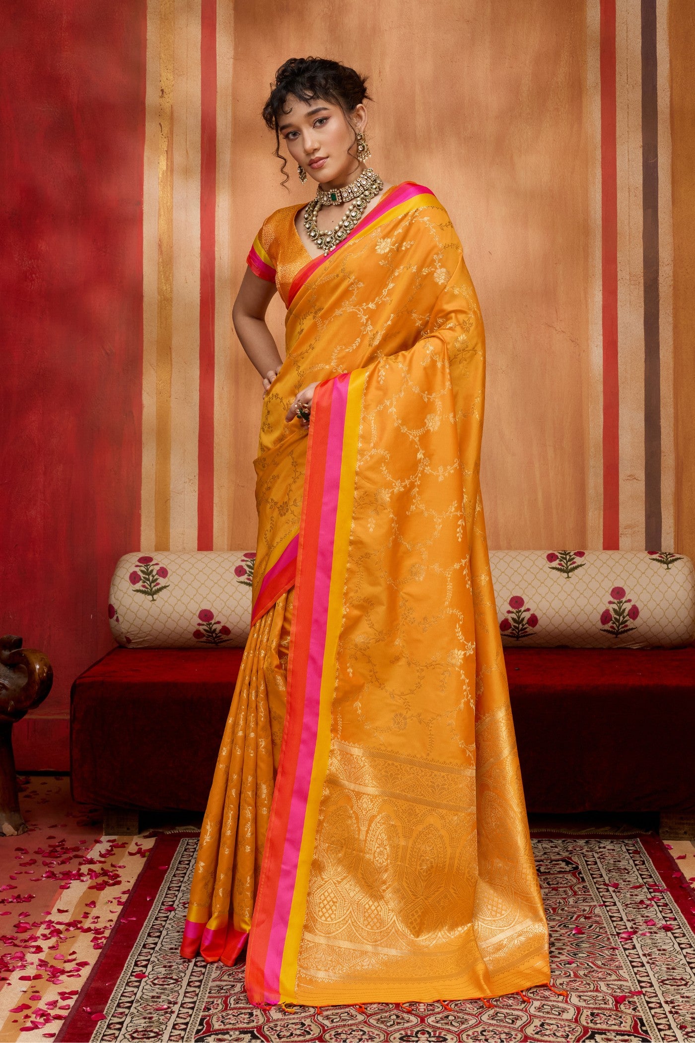 Buy MySilkLove Marigold Orange Handloom Satin Soft Silk Saree Online