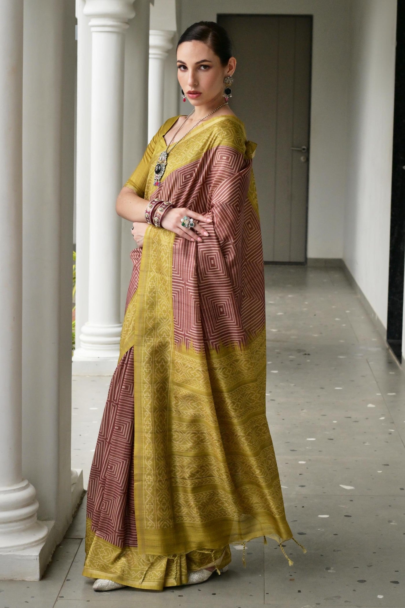 Buy MySilkLove Umber Brown and Green Printed Tussar Silk Saree Online