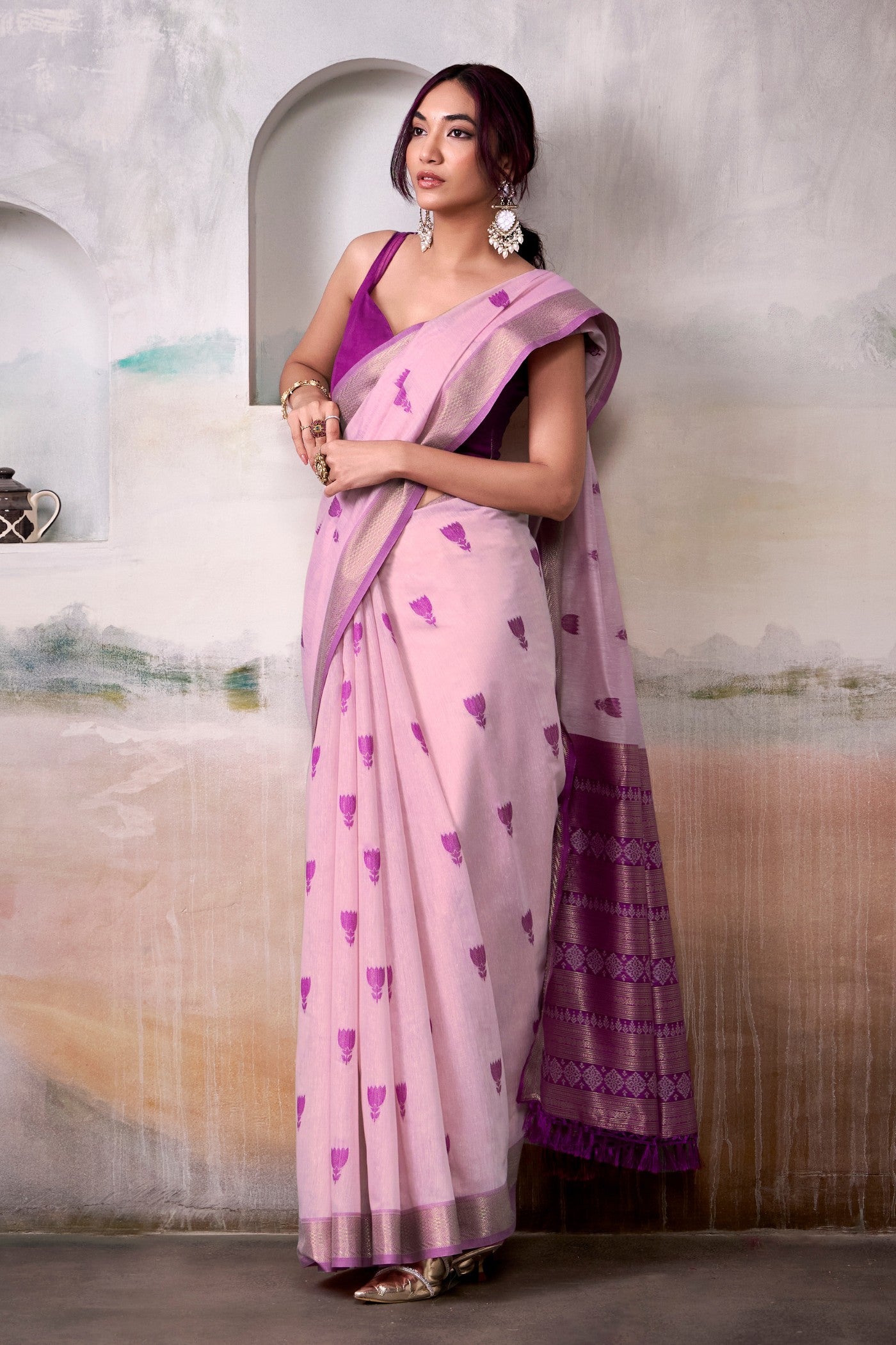 Buy MySilkLove Amaranth Pink Woven Modal Cotton Saree Online