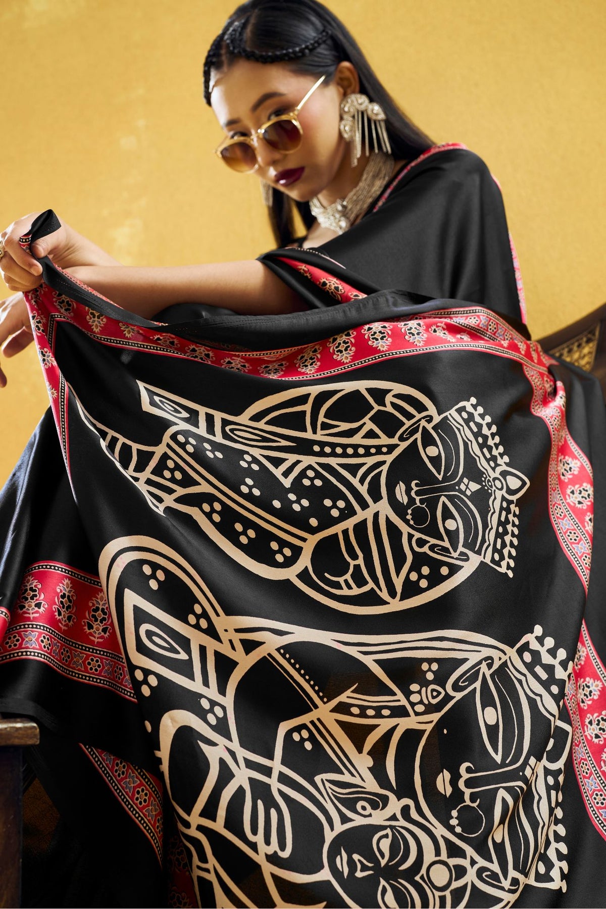 Buy MySilkLove Onyx Black Modal Ajrakh Satin Printed Silk Saree Online
