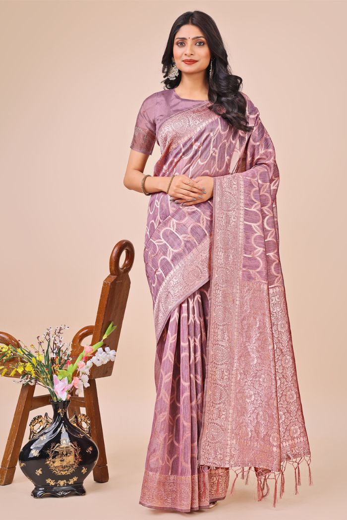 Buy MySilkLove Bubble Pink Linen Cotton Saree Online