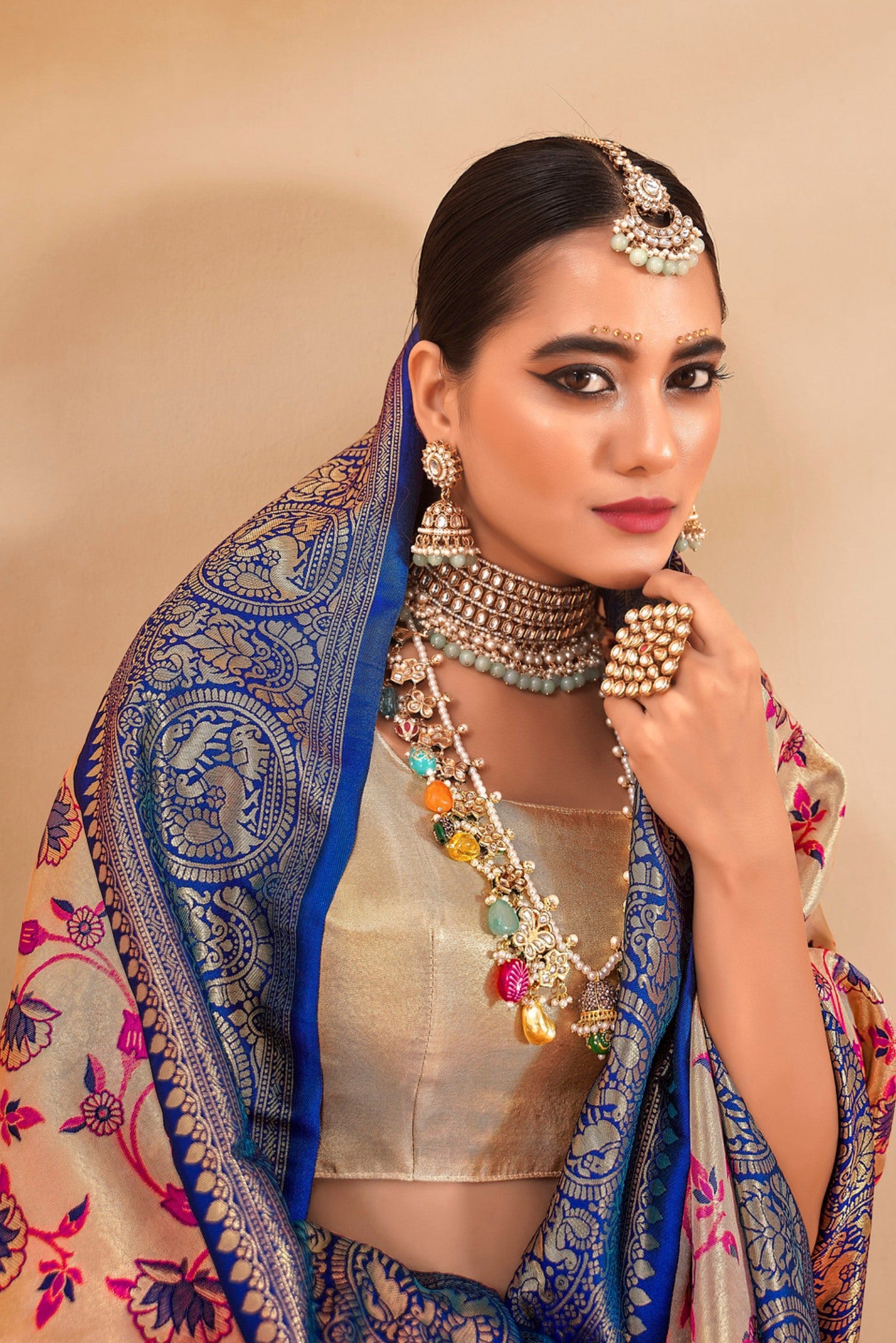Buy MySilkLove Barley Cream and Blue Zari Woven Banarasi Saree Online