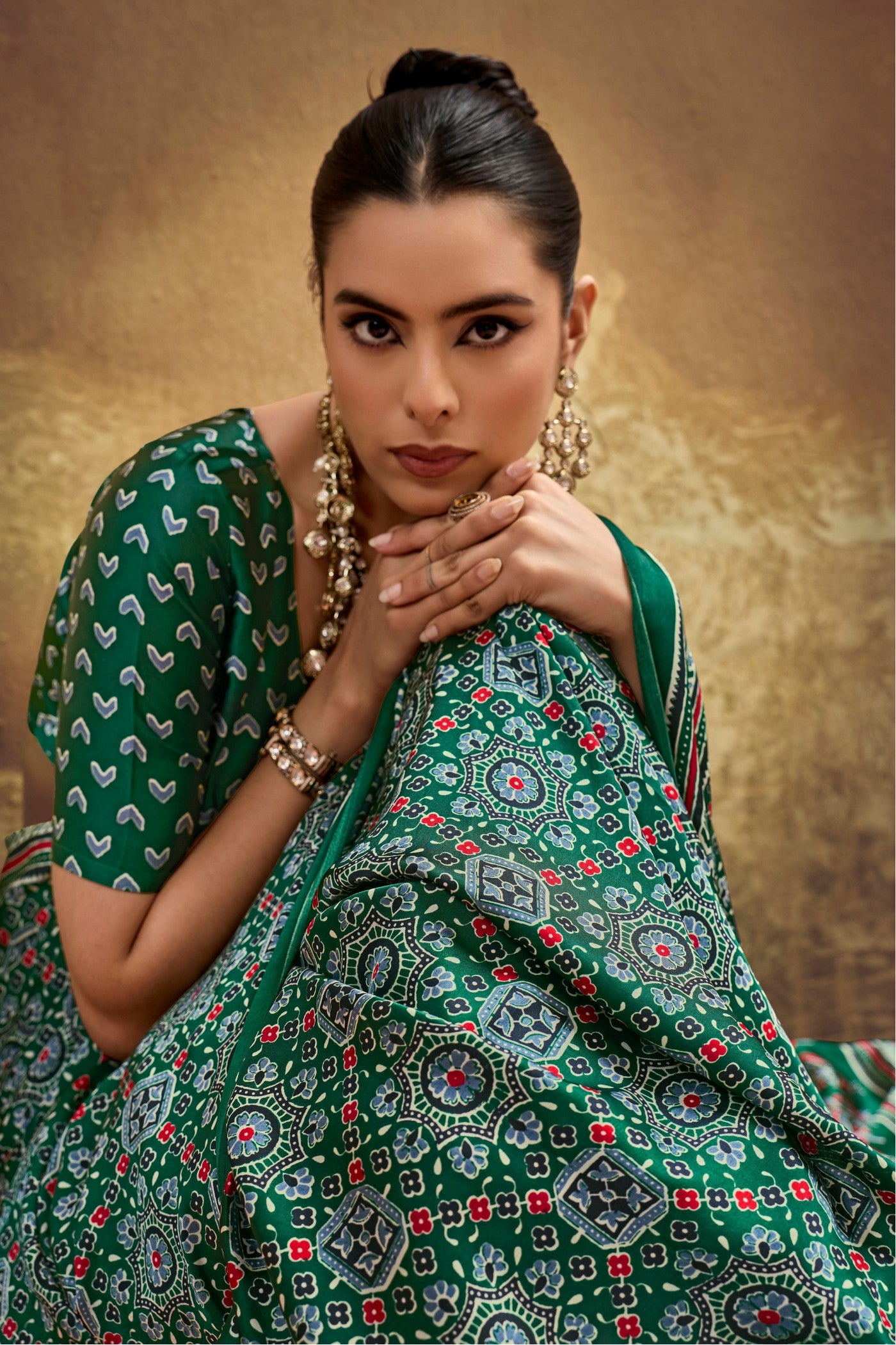 MySilkLove Grass Green Modal Ajrakh Satin Printed Silk Saree