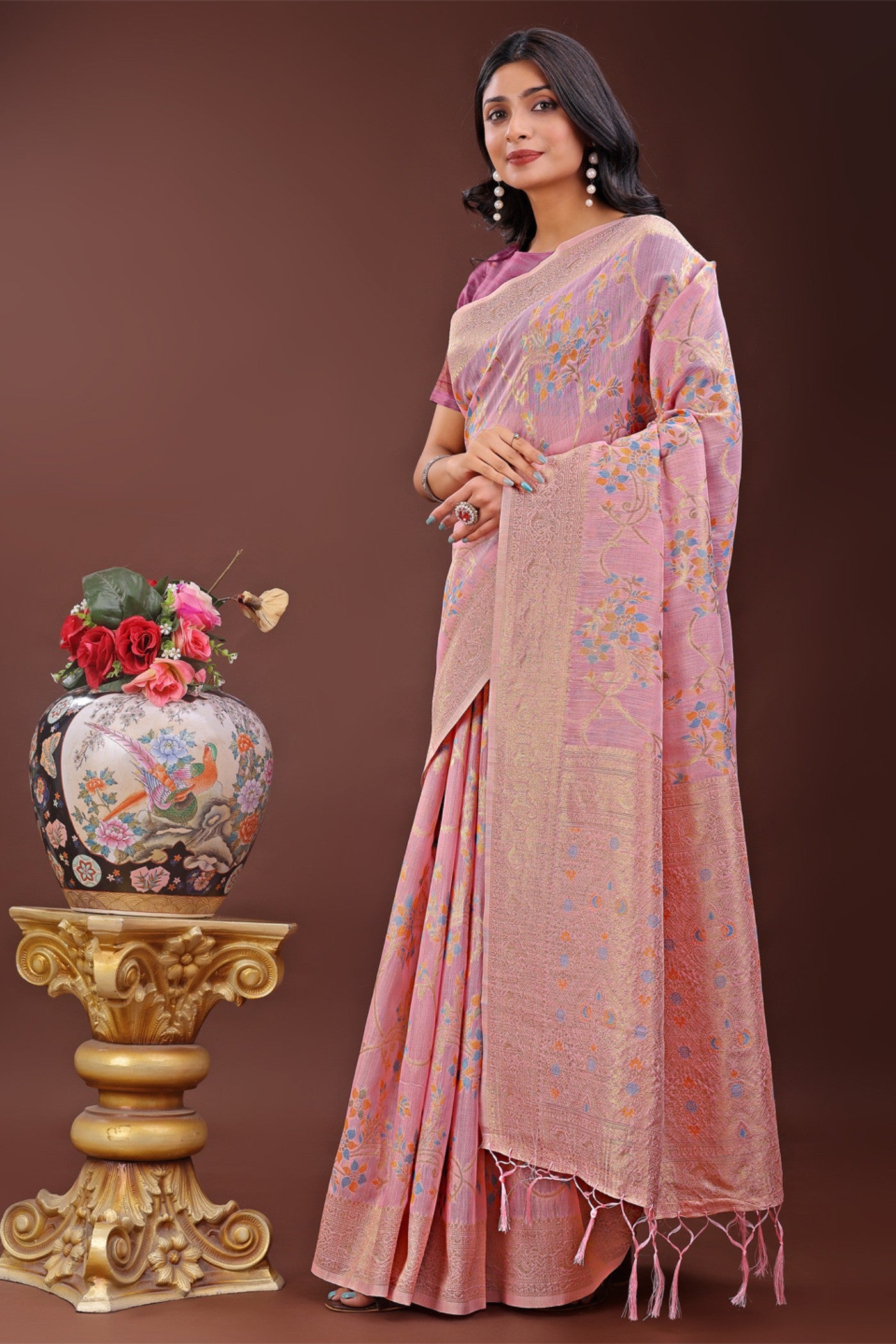 Buy MySilkLove Quicksand Pink Linen Cotton Saree Online