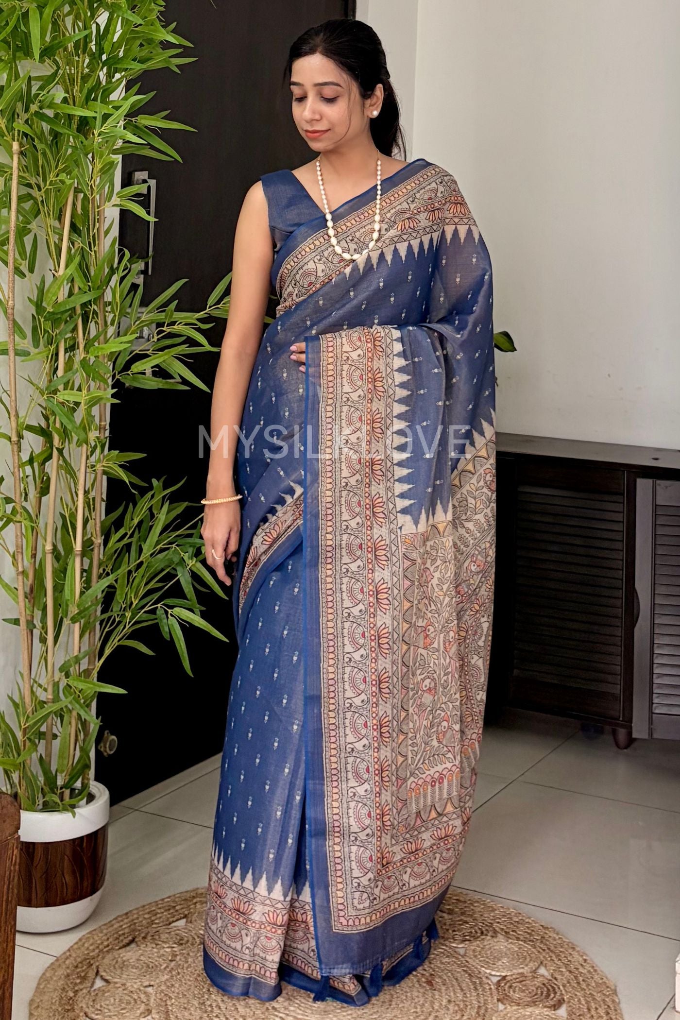 Buy MySilkLove Blue Kalmakari Linen Cotton Printed Saree Online
