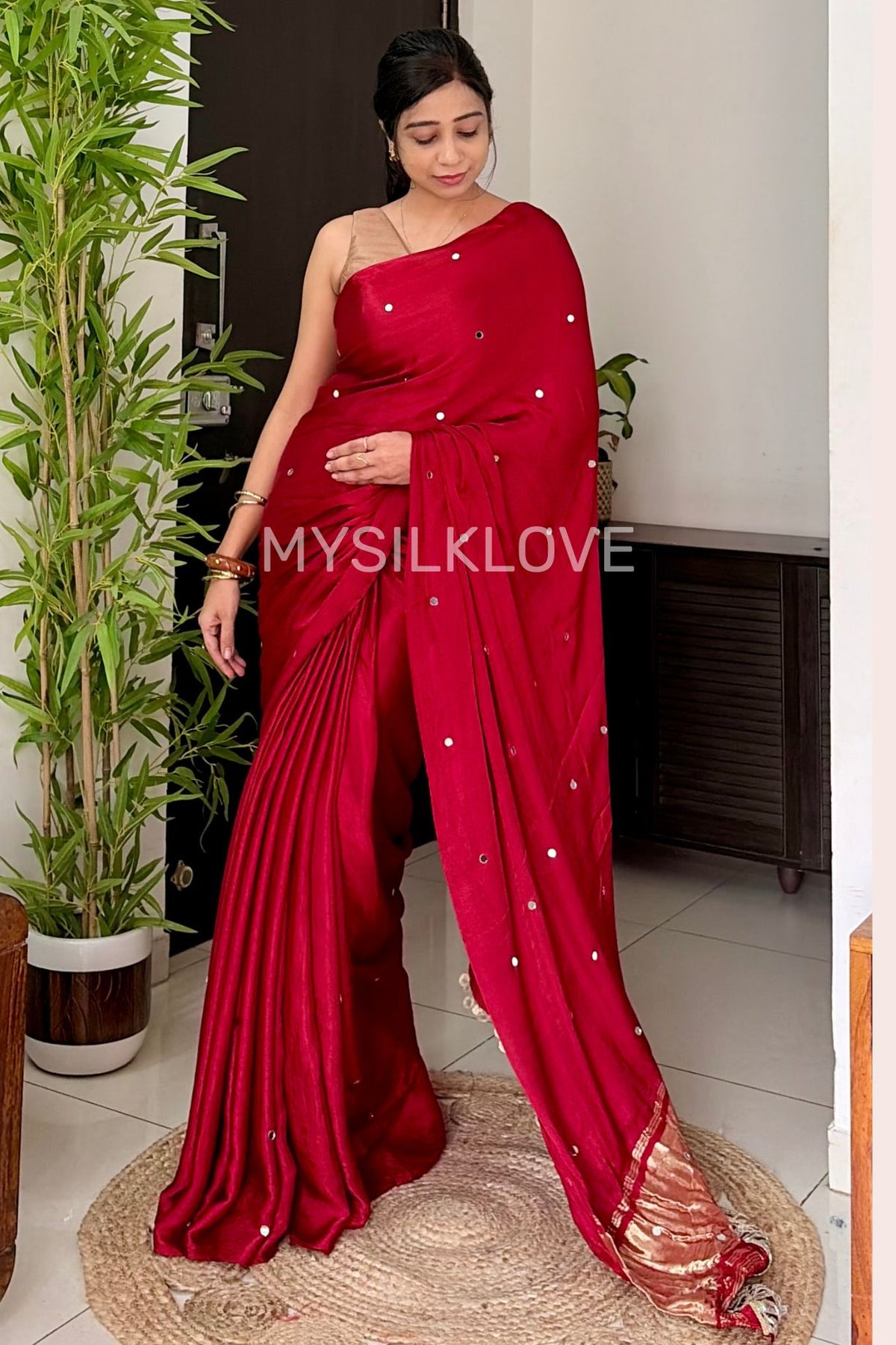 Buy MySilkLove Carmine Red Pure Gajji Modal Silk Mirror Work Saree with Lagdi Zari Pallu Online