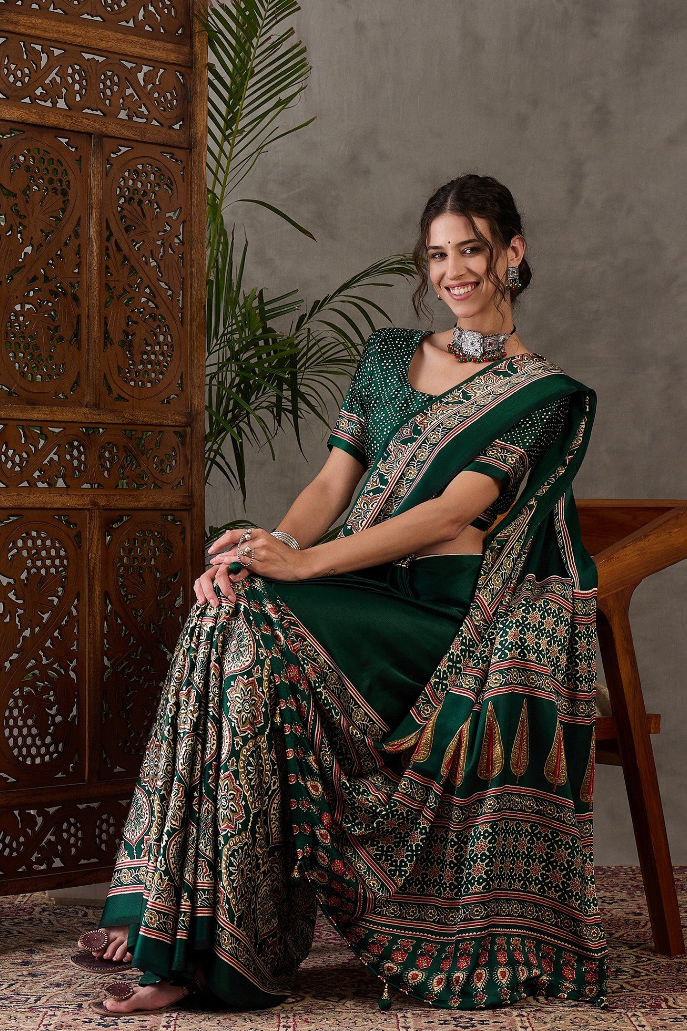 Buy MySilkLove Fern Green Printed Satin Gaji Silk Saree Online