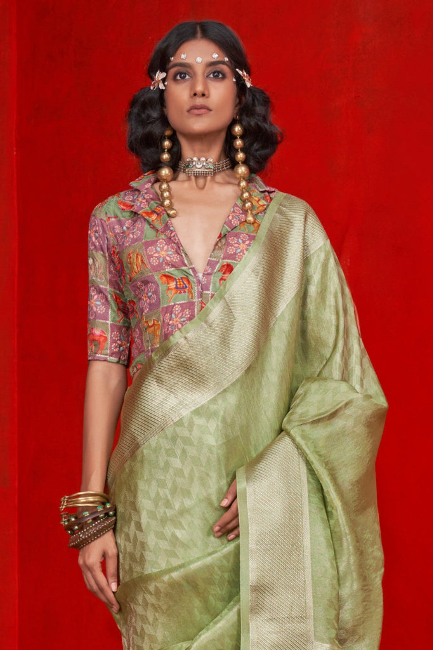 Buy MySilkLove Olive Green Woven Tissue Silk Saree Online