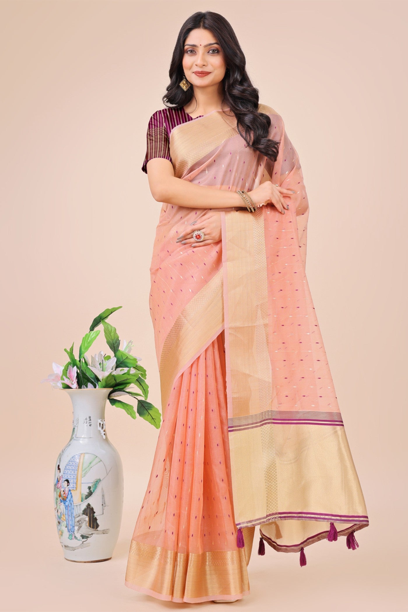 Buy MySilkLove Melon Peach Woven Organza Saree Online