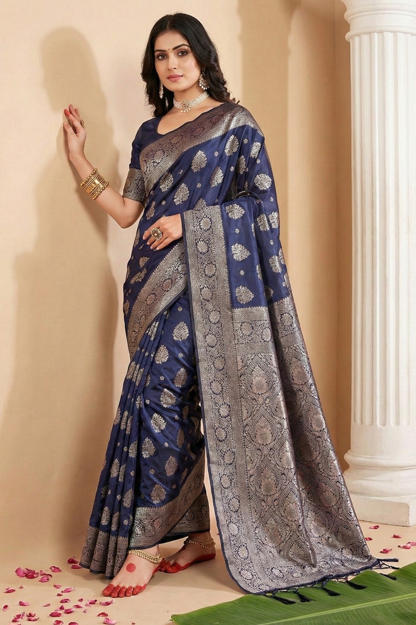 Buy MySilkLove Navy Blue Banarasi Woven Silk Saree Online