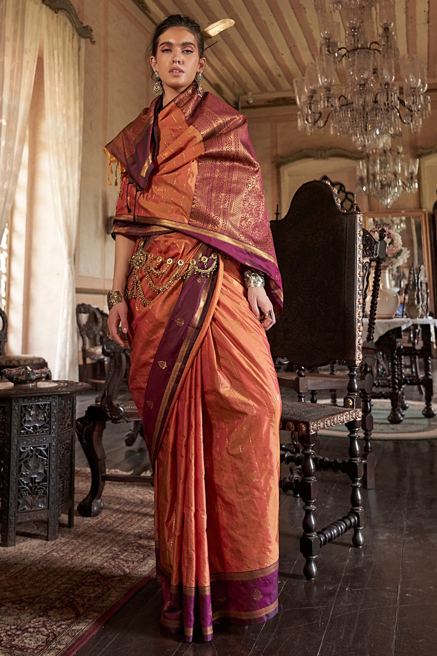 Buy MySilkLove Squash Orange Tussar Handloom Silk Saree Online