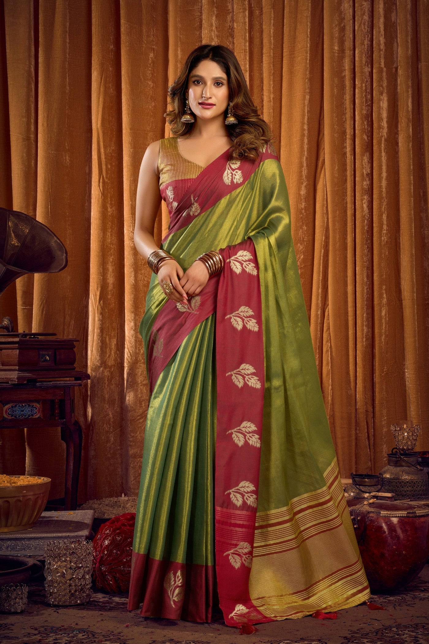 Buy MySilkLove Fern Green Woven Tissue Saree Online