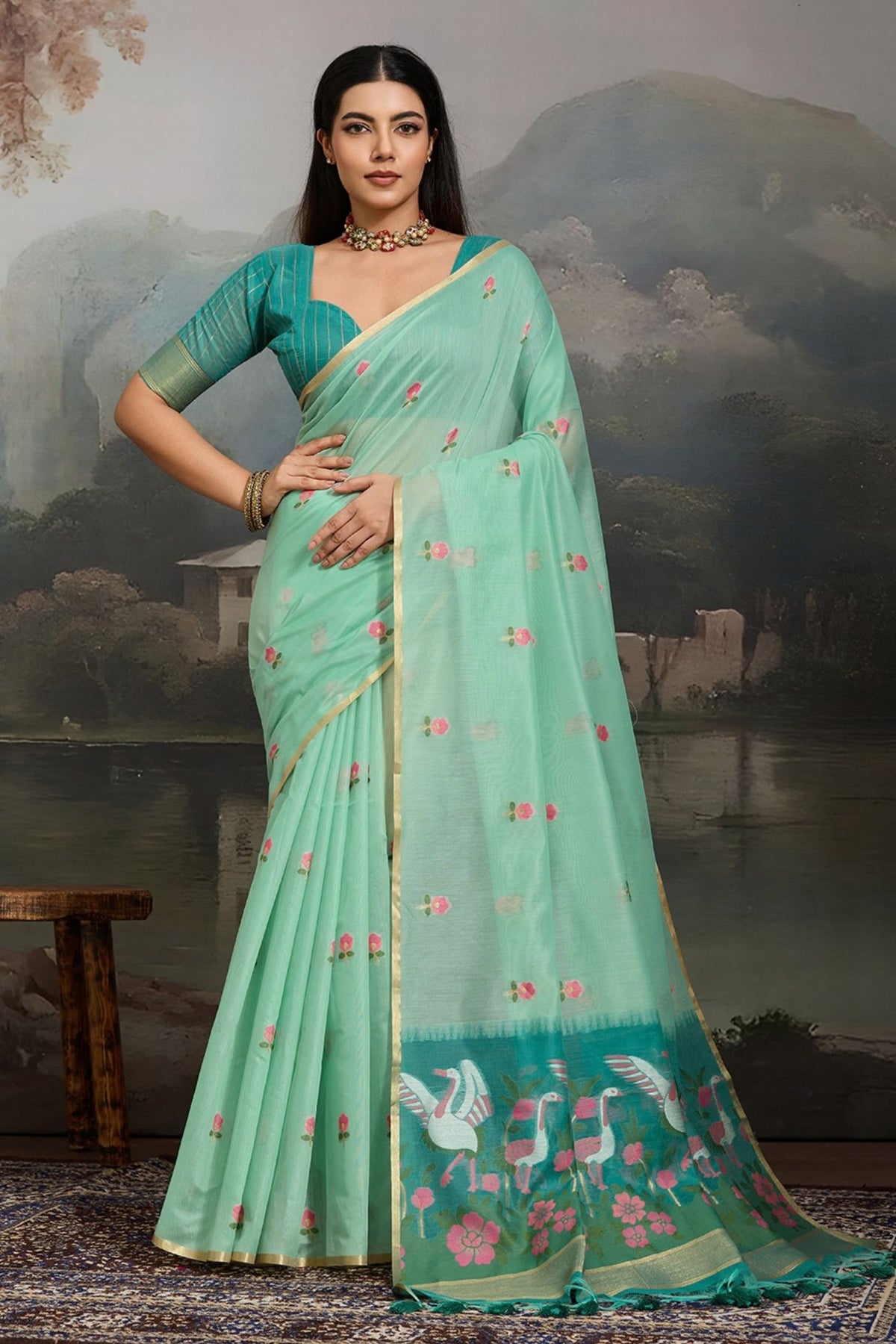 Buy MySilkLove Gardenia Green Cotton Handloom Swan Saree Online