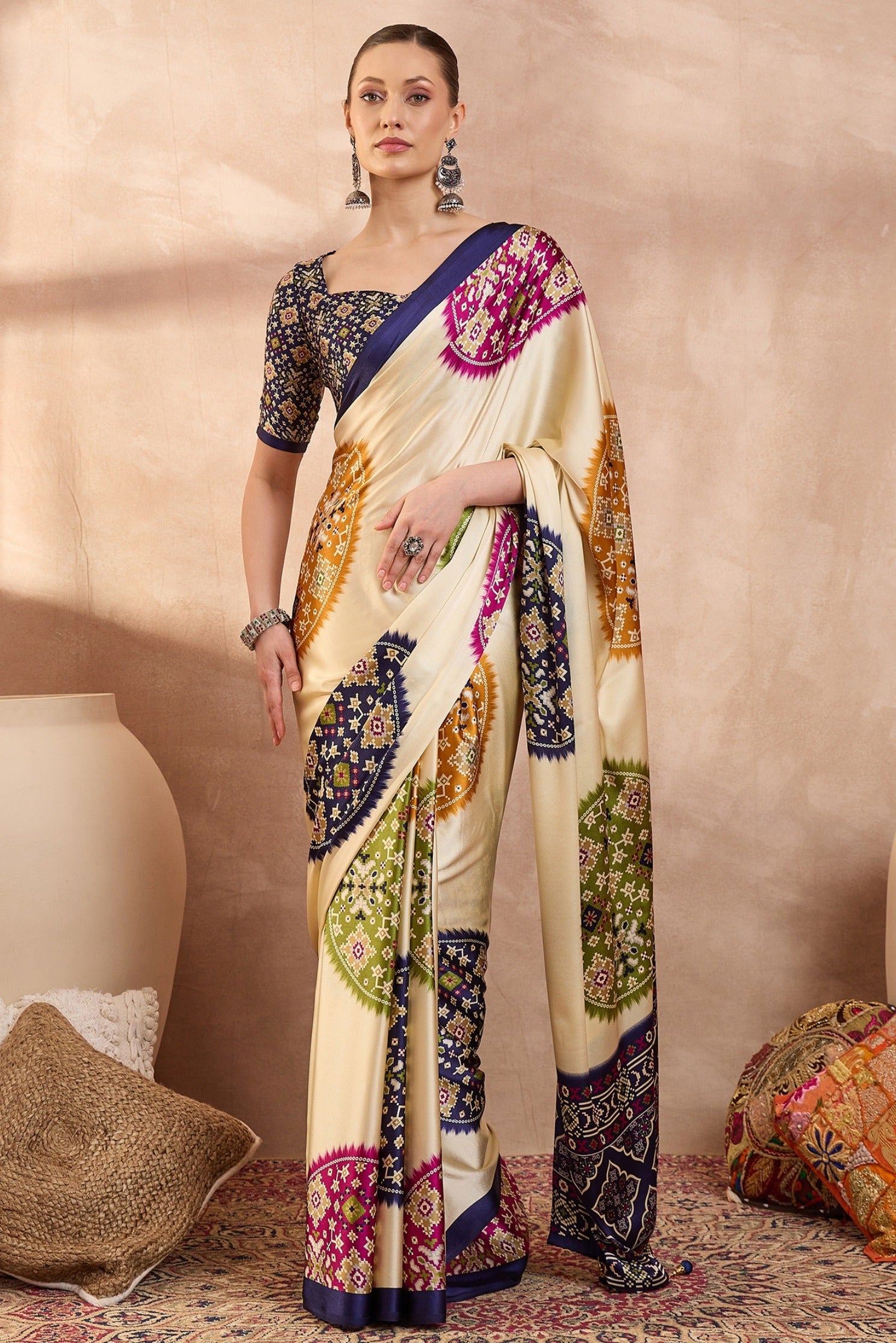 Buy MySilkLove Apricot Cream and Blue Modal Ajrakh Printed Silk Saree Online