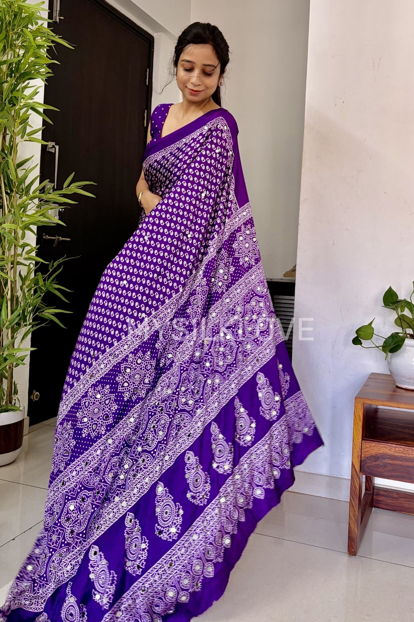 MySilkLove True Purple Modal Ajrakh Satin Printed Mirror Work Saree
