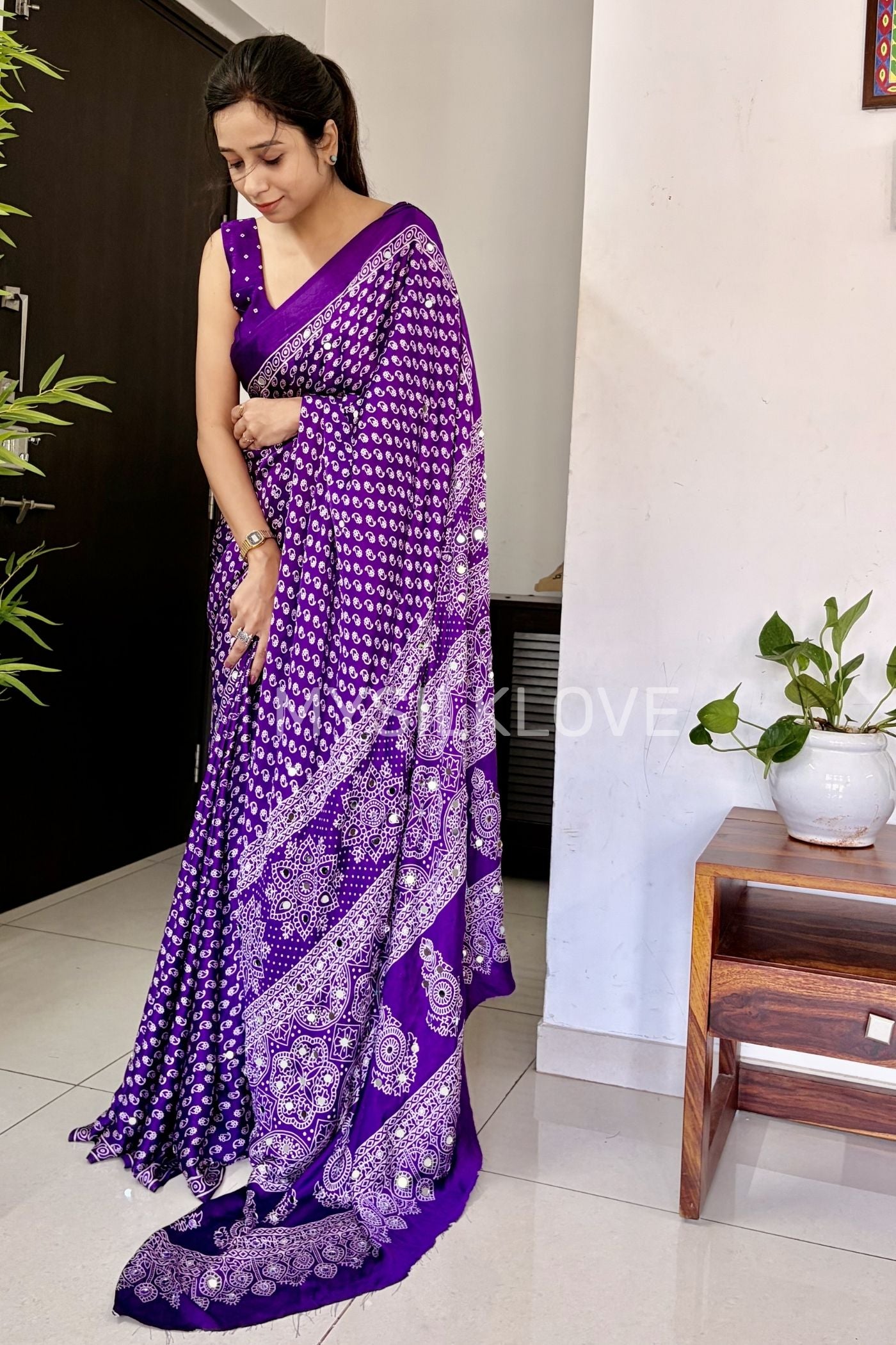 Buy MySilkLove True Purple Modal Ajrakh Satin Printed Mirror Work Saree Online