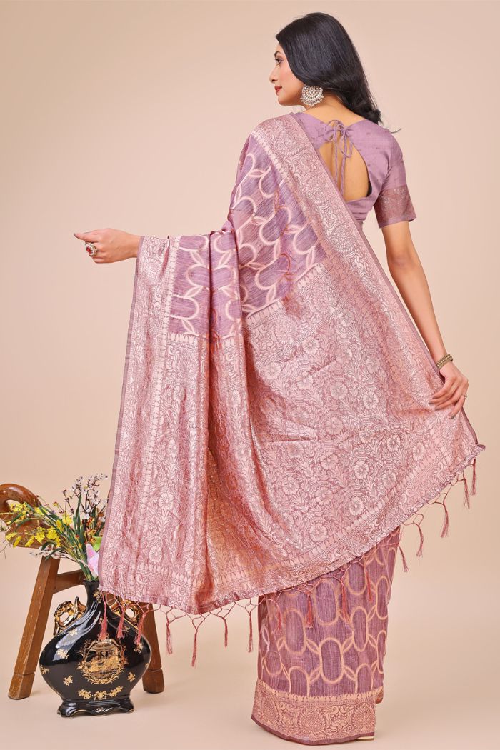Buy MySilkLove Bubble Pink Linen Cotton Saree Online