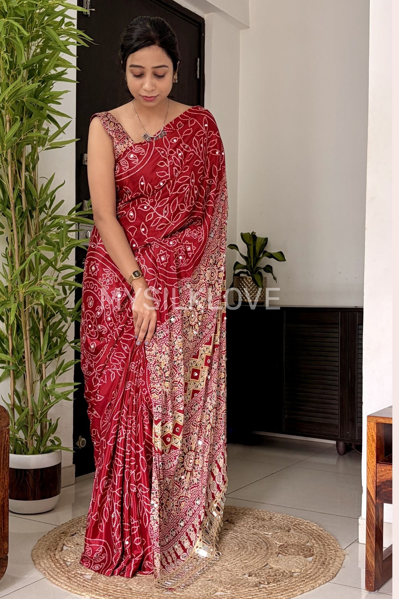 Buy MySilkLove Ruby Red Bandhani Fusion Ajrakh Pallu Mirror Work Saree Online
