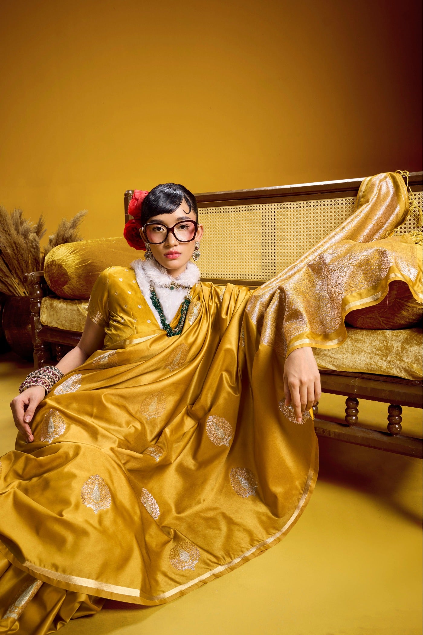 Buy MySilkLove Safety Yellow Handloom Satin Silk Saree Online