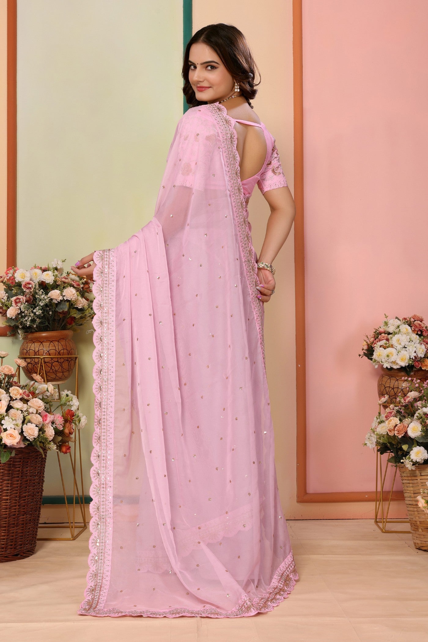 Buy MySilkLove Flamingo Pink Organza Designer Partywear Saree Online