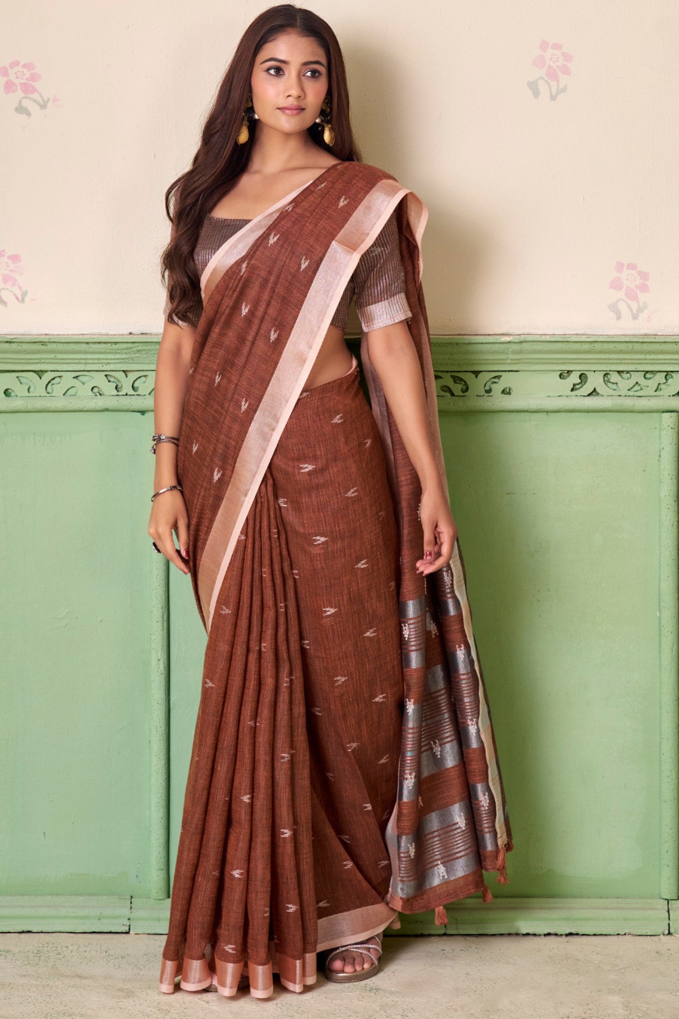 Buy MySilkLove Coca Brown Woven Linen Saree Online