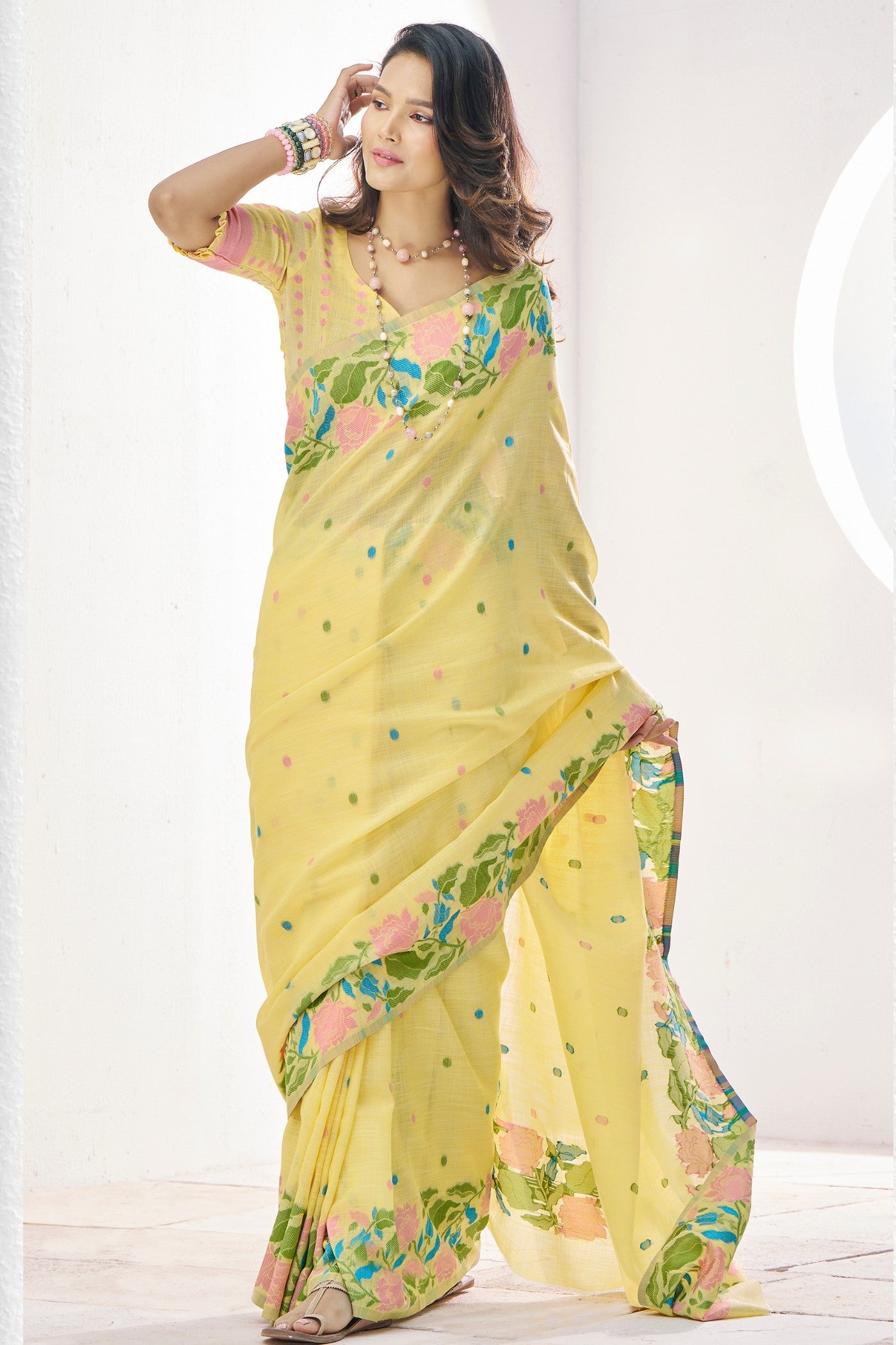 Buy MySilkLove Putty Yellow Woven Linen Saree Online