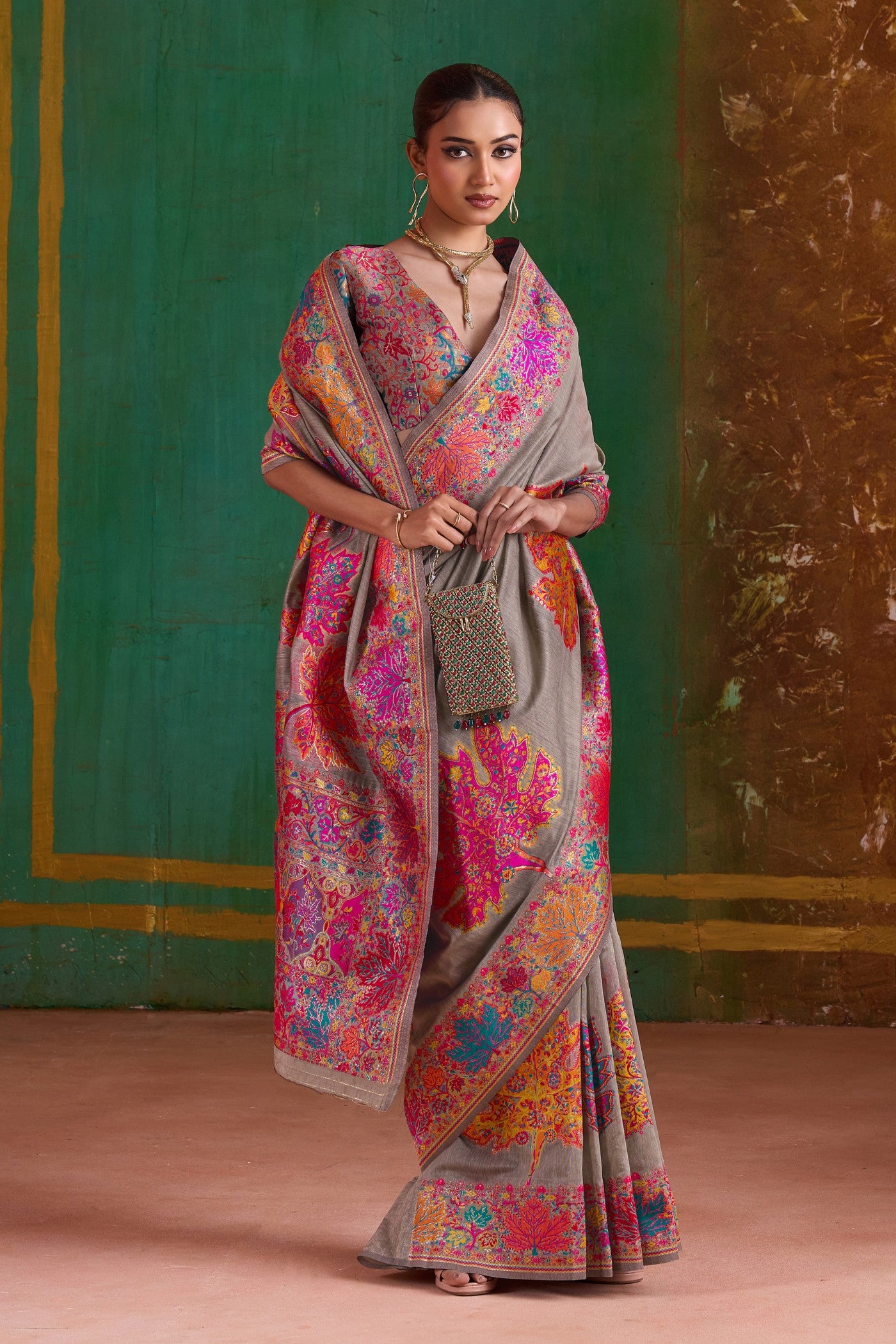 Buy MySilkLove French Grey Kashmiri Handloom Jamewar Saree Online