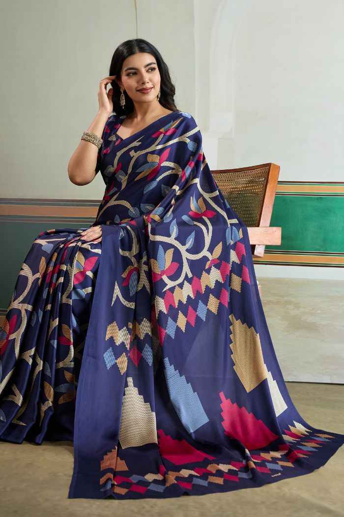Buy MySilkLove Navy Blue Modal Ajrakh Printed Satin Silk Saree Online
