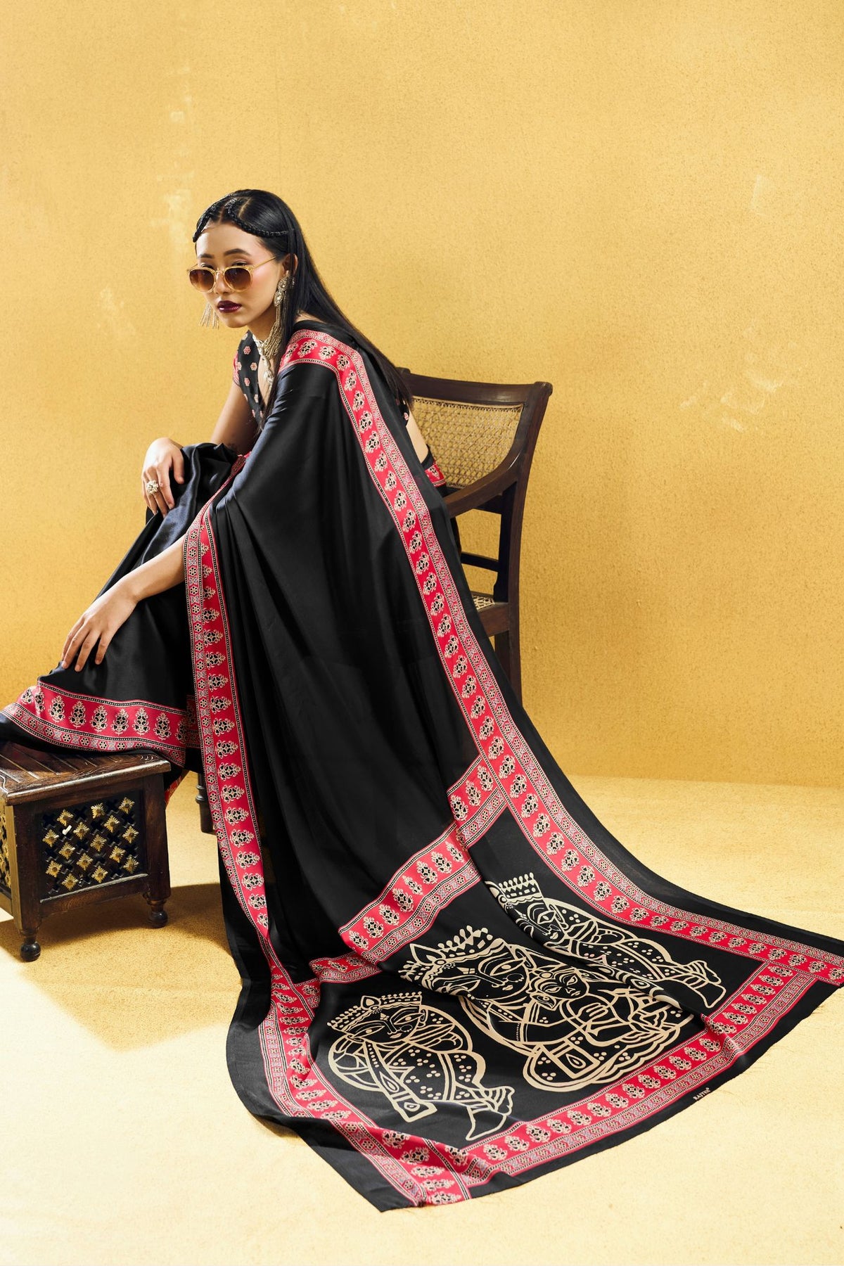 Buy MySilkLove Onyx Black Modal Ajrakh Satin Printed Silk Saree Online