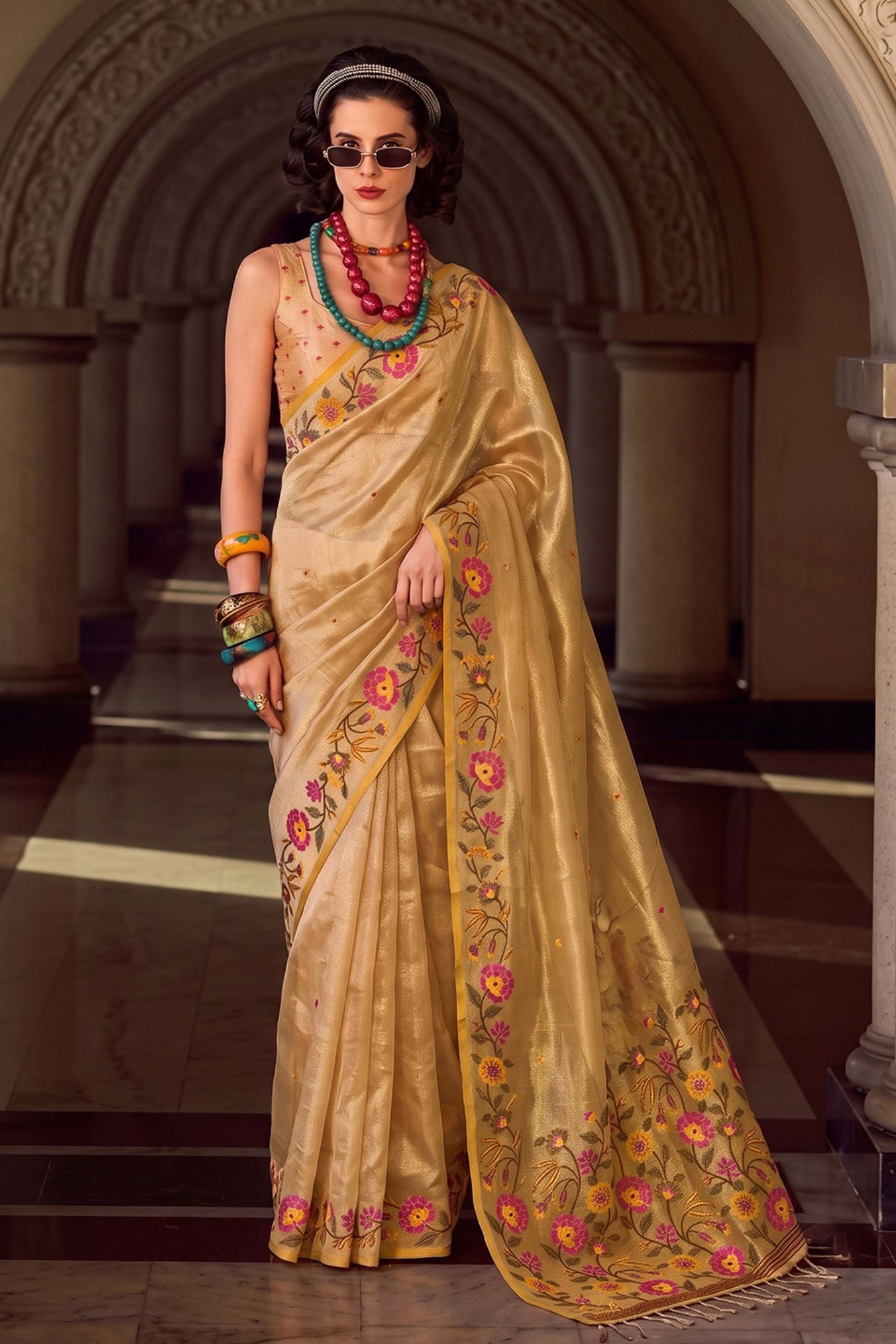 Buy MySilkLove Sunshine Yellow Woven Floral Tissue Saree Online