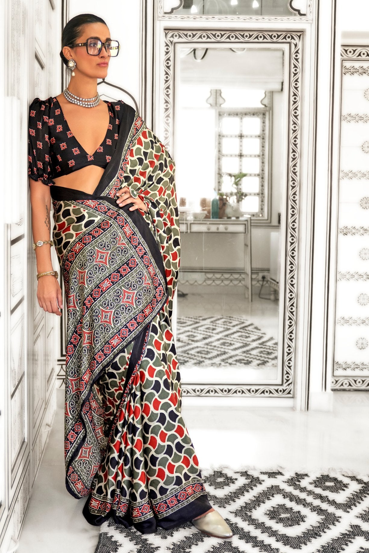 Buy MySilkLove Arrowtown Green and Black Printed Ajrakh Satin Crepe Saree Online