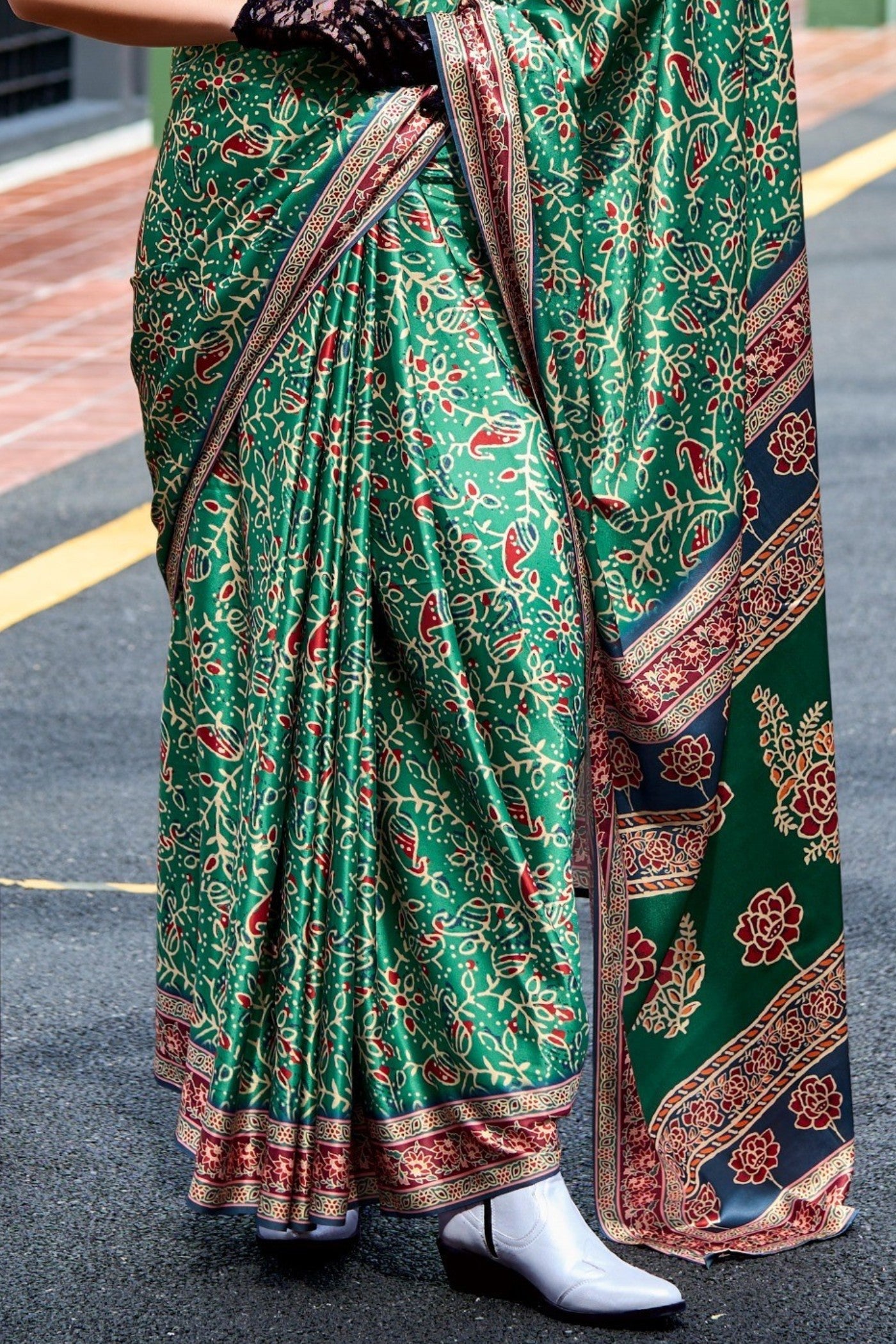 Buy MySilkLove Hunter Green Ajrakh Printed Satin Crepe Silk Saree Online