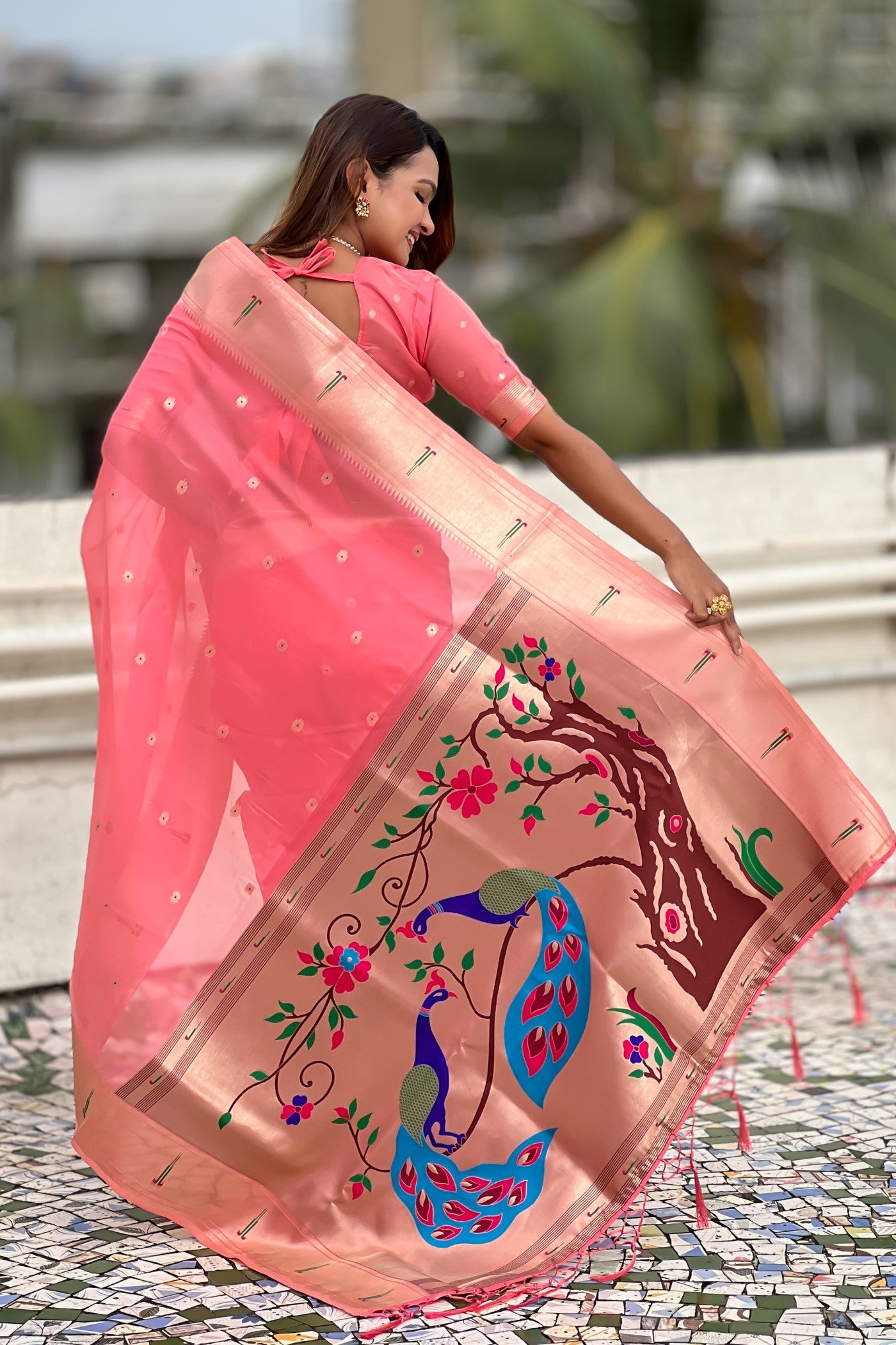Buy MySilkLove Candy Pink Organza Woven Paithani Saree Online
