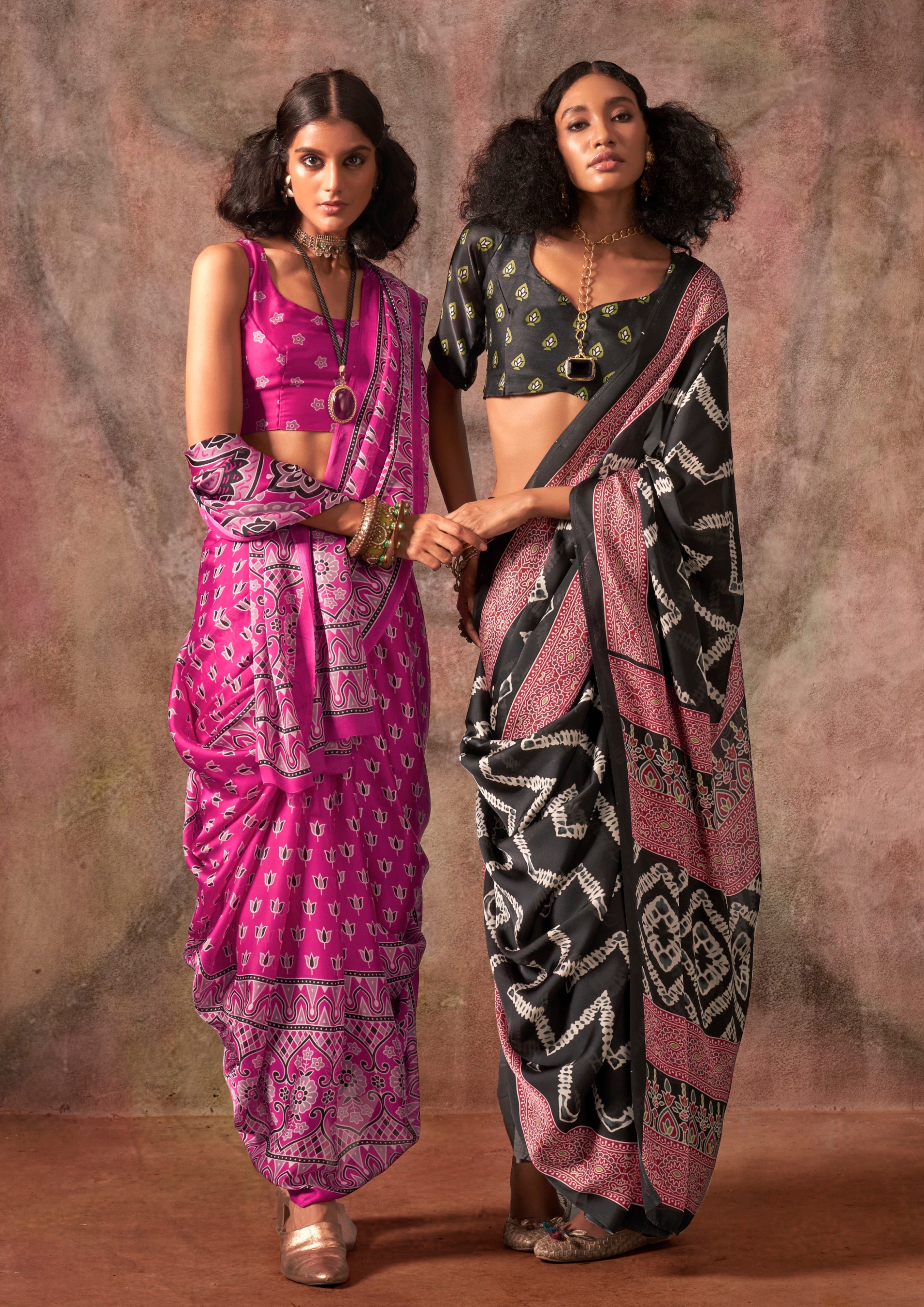 Buy MySilkLove Deep Pink Ajrakh Printed Satin Georgette Silk Saree Online