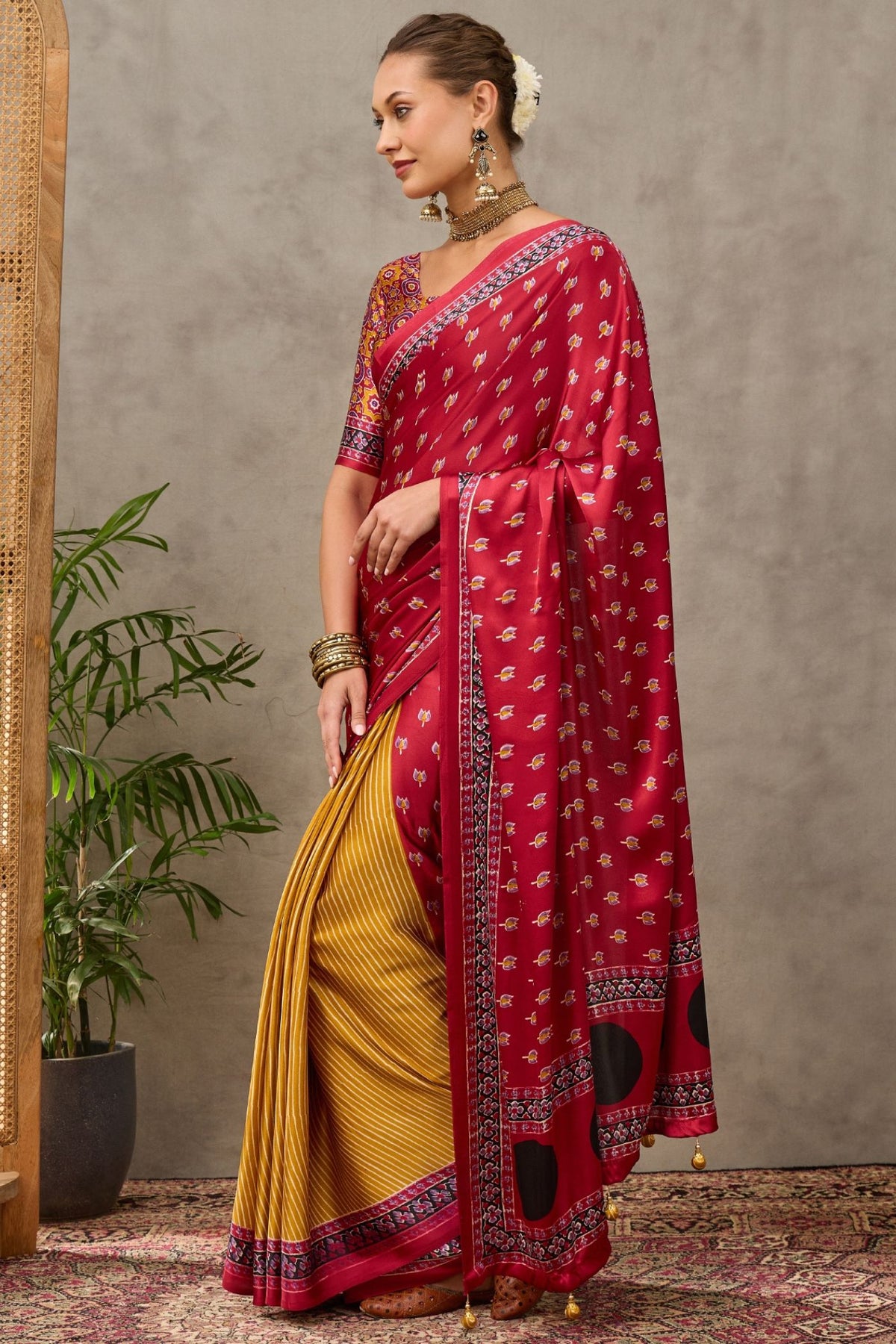 Buy MySilkLove Scarlet Red and Yellow Modal Satin Printed Silk Saree Online