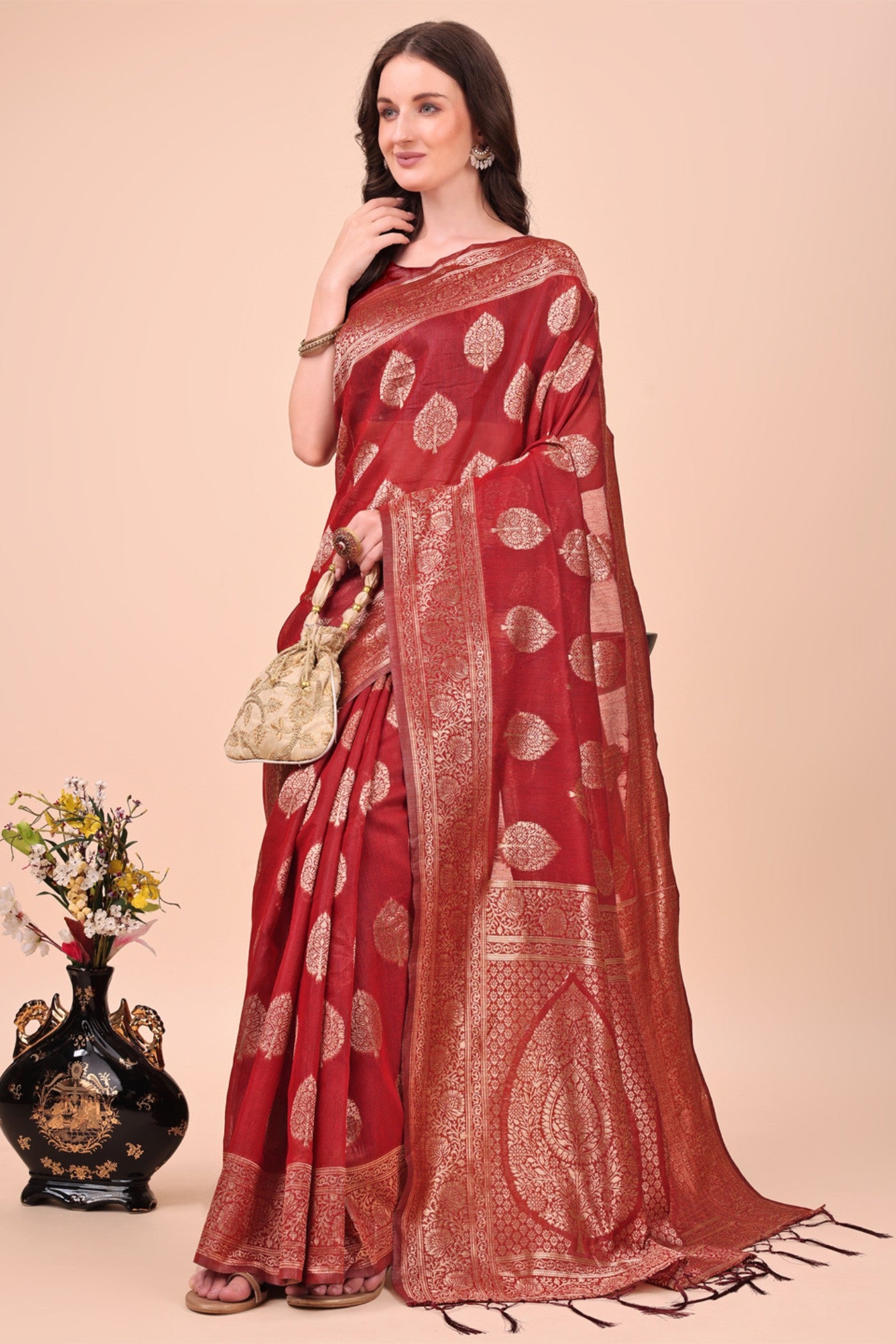 Buy MySilkLove Garnet Red Woven Cotton Saree Online