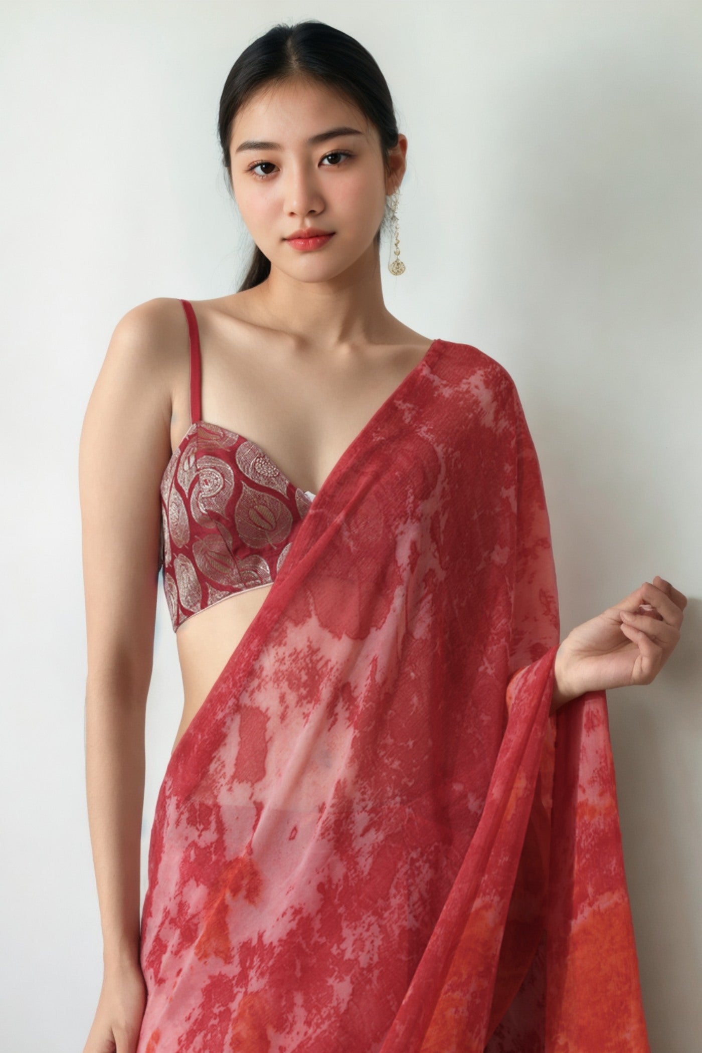MySilkLove Rose Red Marbel Chiffon Ready To Wear Saree