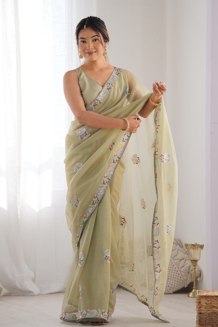Buy MySilkLove Pale Goldenrod Green Partywear Net saree Online