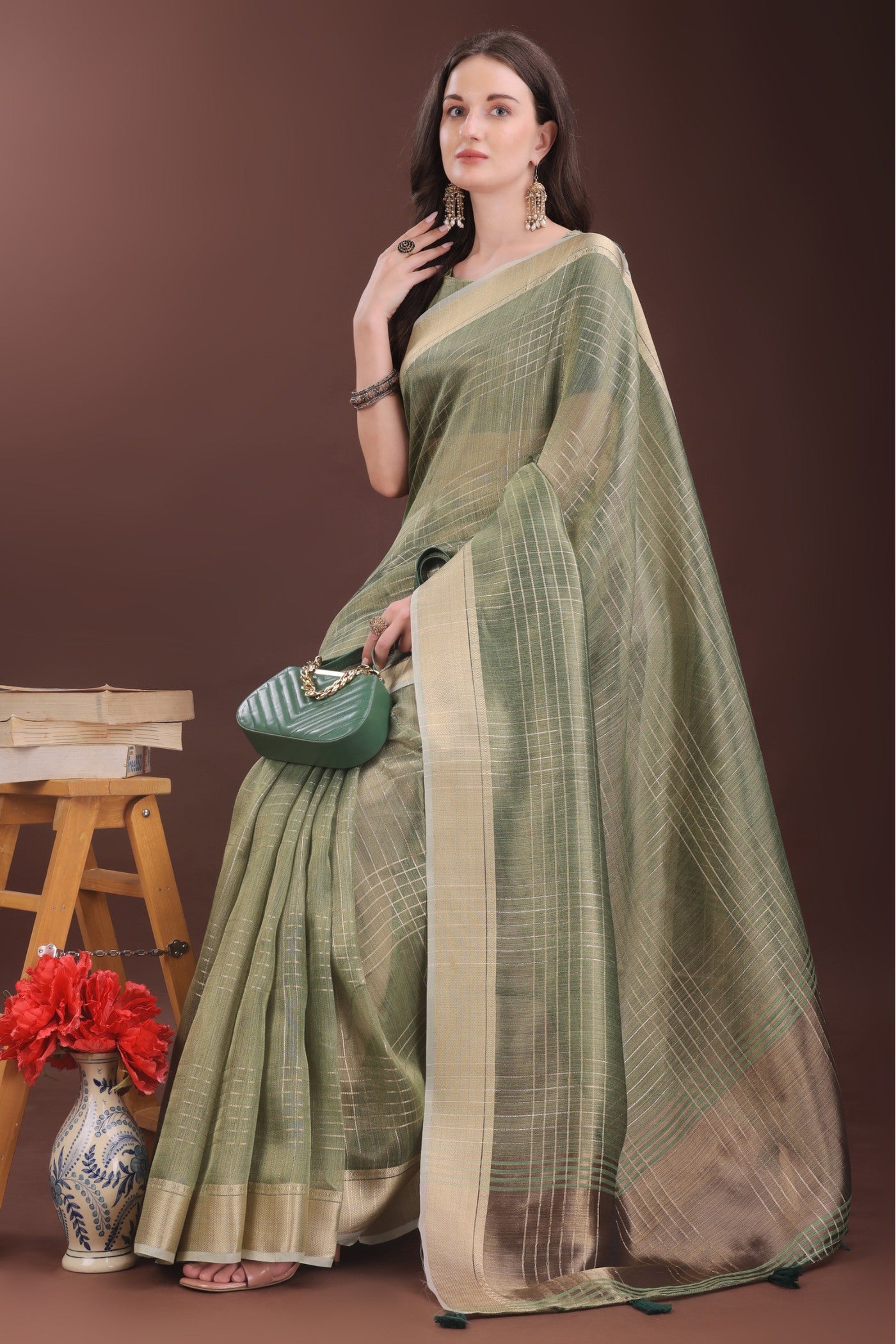 Buy MySilkLove Basil Green Woven Organza Saree Online