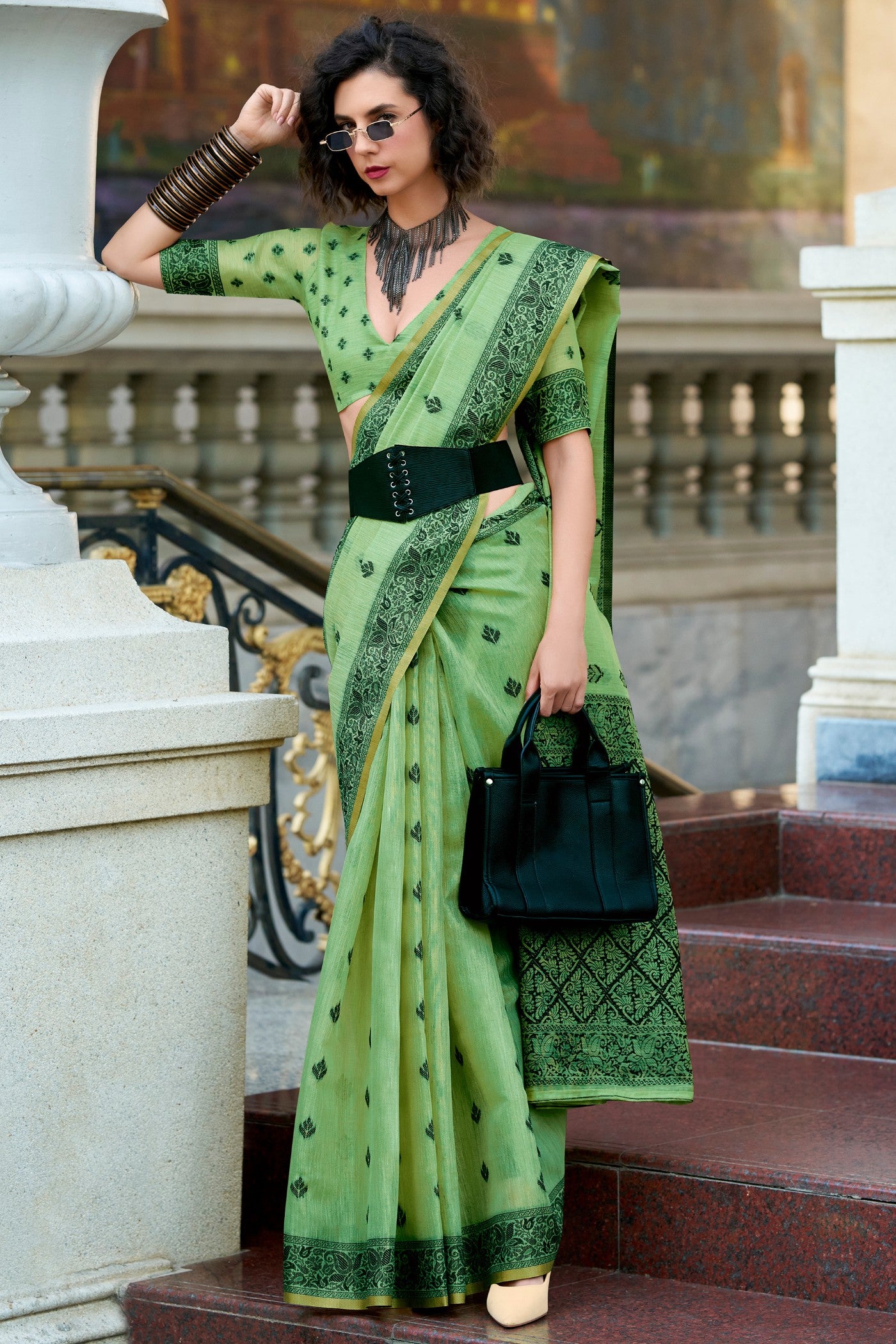Buy MySilkLove Hunter Green Tissue Linen Saree Online