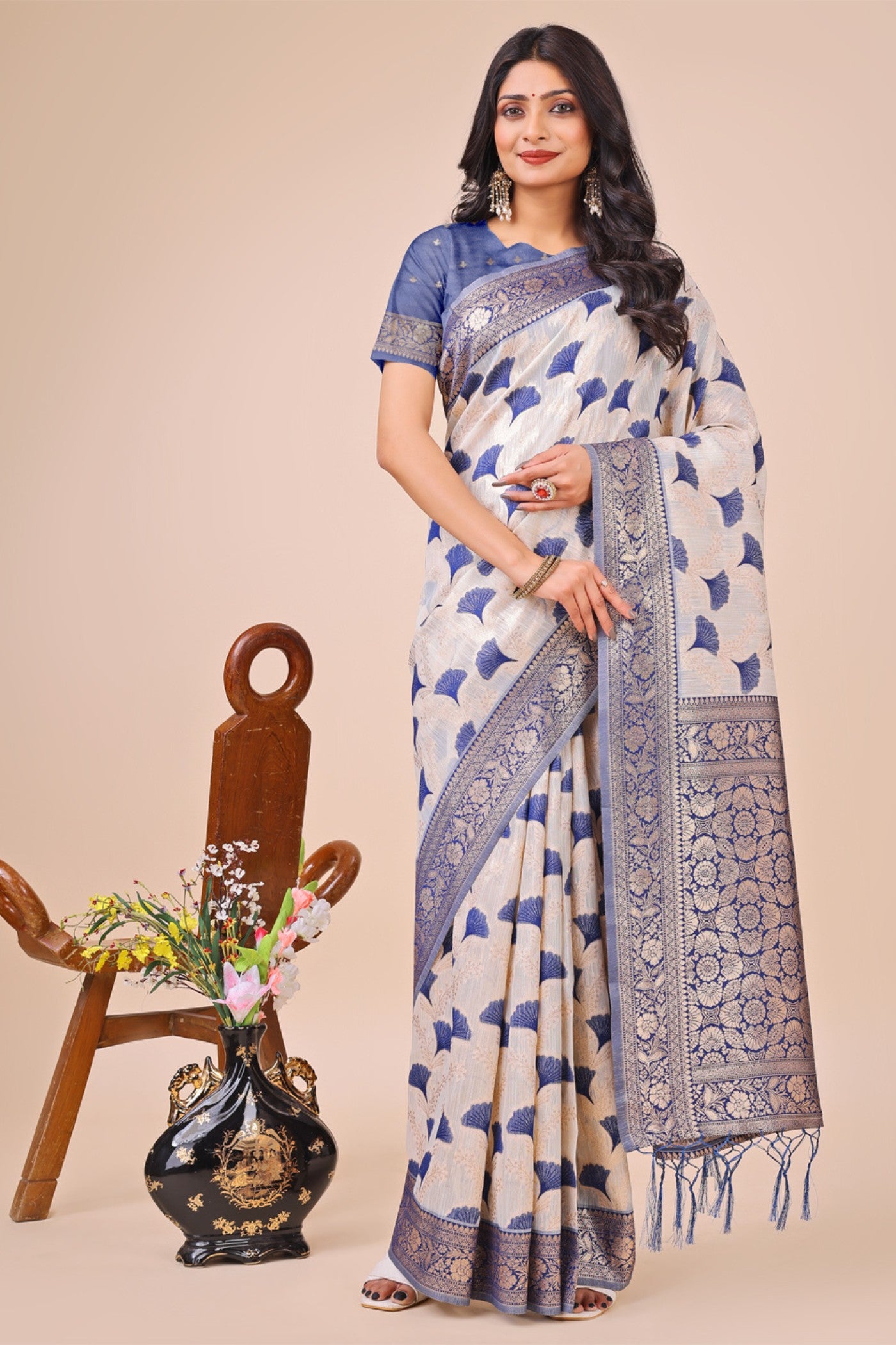 Buy MySilkLove Daisy White and Blue Linen Cotton Saree Online