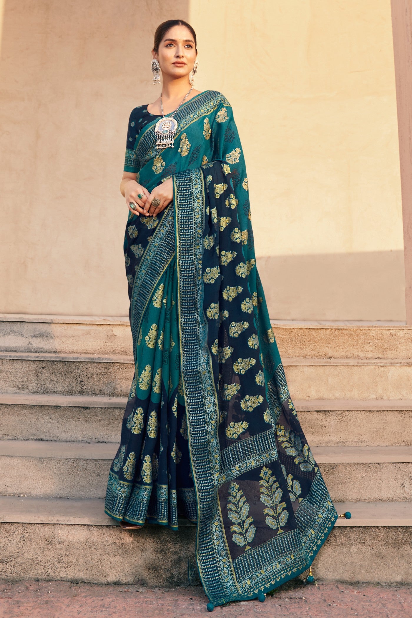 Buy MySilkLove Aqua Blue and Green Banarasi Georgette Saree Online
