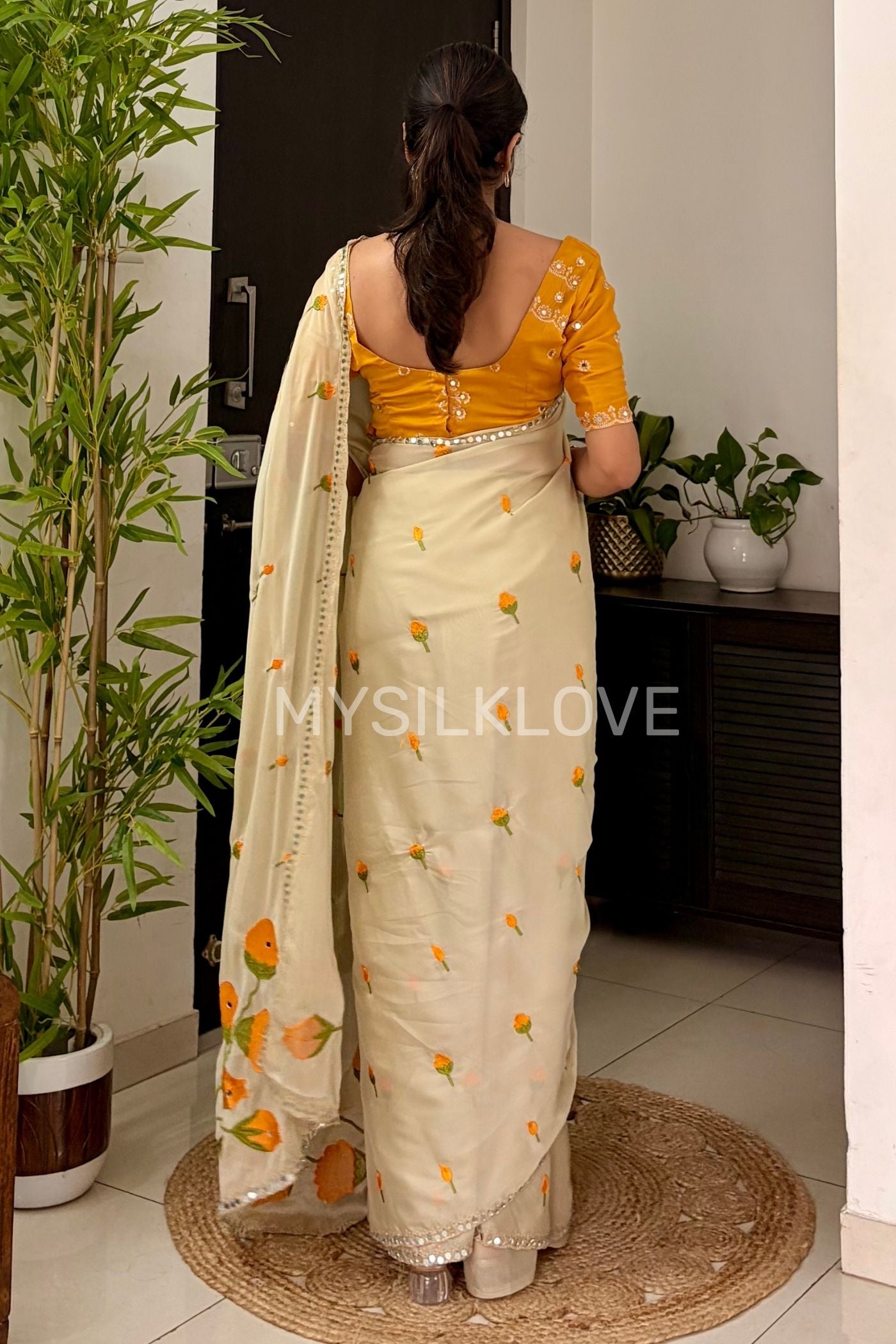 Buy MySilkLove Moonlit Cream and Yellow Embroidery Chiffon Floral Saree with Mirror Work Online