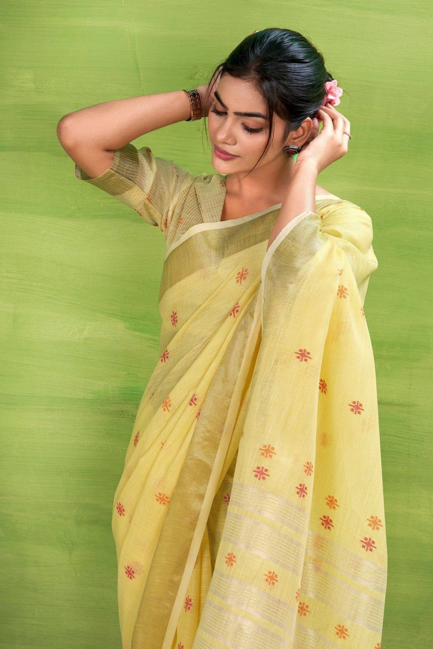 Buy MySilkLove Citrine Yellow Woven Linen Saree Online