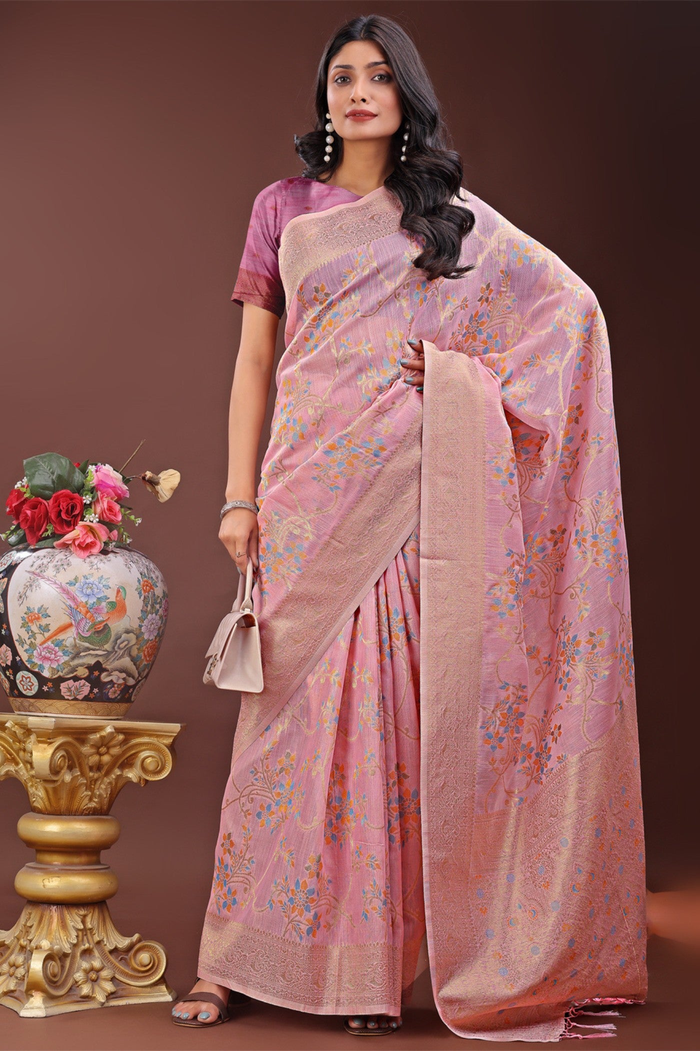 Buy MySilkLove Quicksand Pink Linen Cotton Saree Online