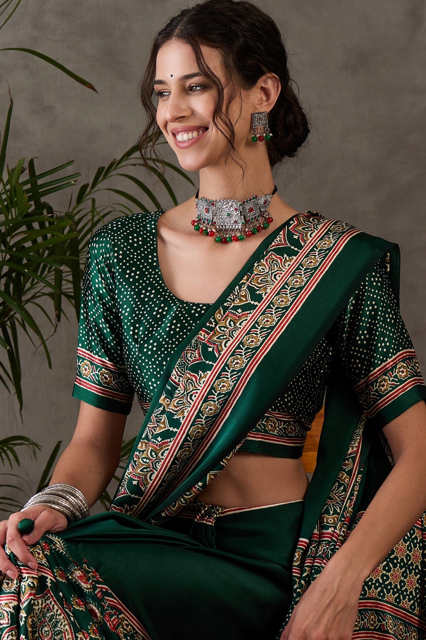 Buy MySilkLove Fern Green Printed Satin Gaji Silk Saree Online